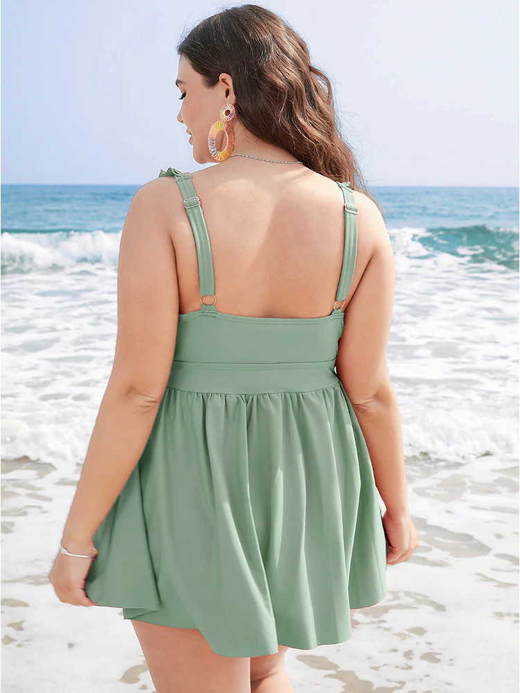 Ruffle Trim Adjustable Straps Gathered Sculpt Waist Swim Dress - Image 17