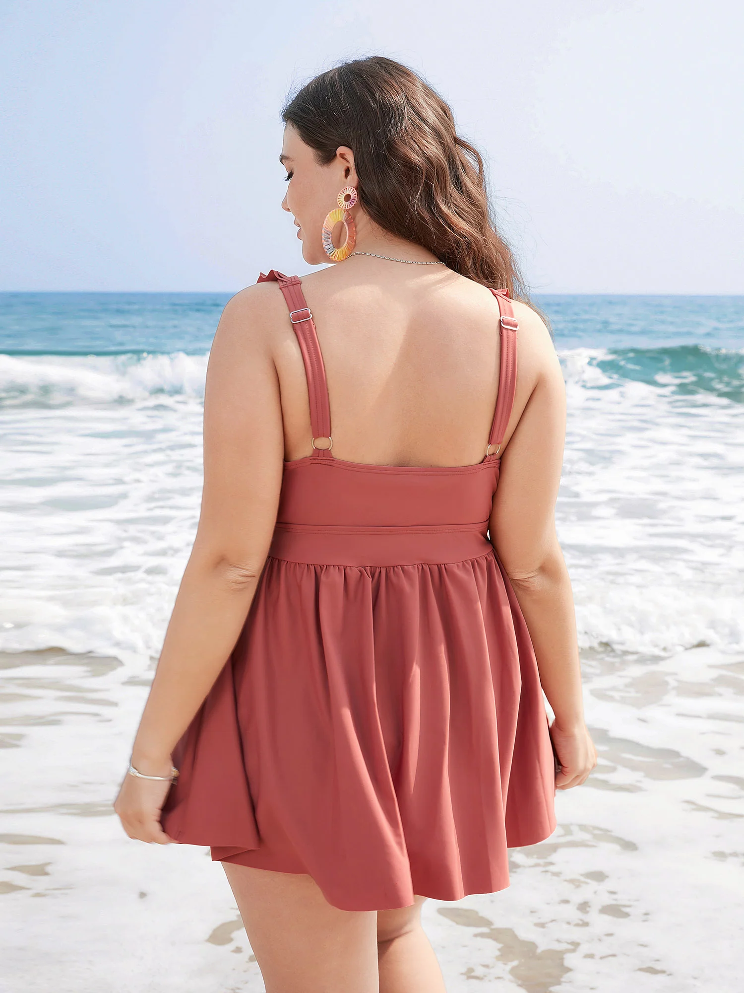 Ruffle Trim Adjustable Straps Gathered Sculpt Waist Swim Dress - Image 2