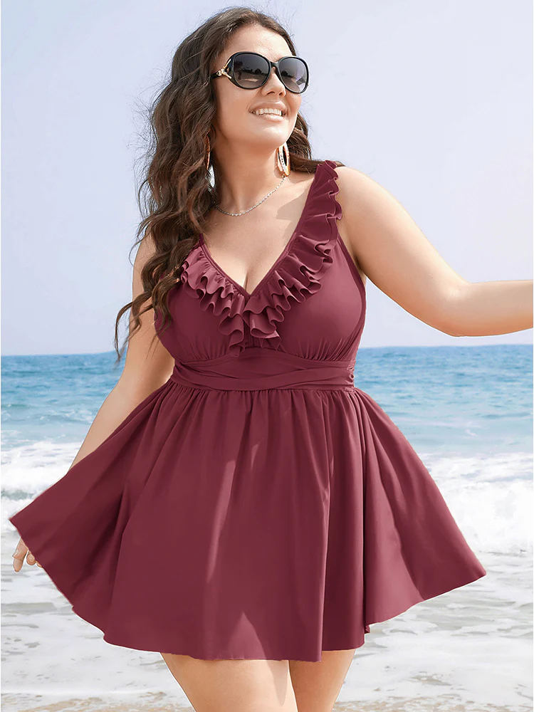 Ruffle Trim Adjustable Straps Gathered Sculpt Waist Swim Dress - Image 20