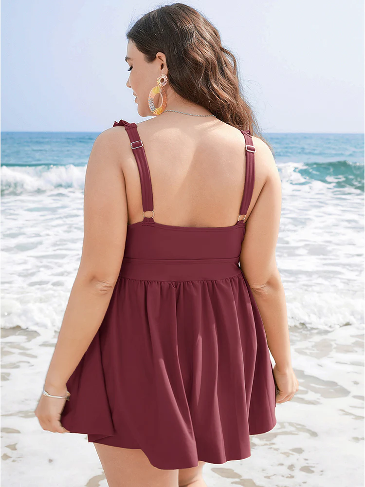 Ruffle Trim Adjustable Straps Gathered Sculpt Waist Swim Dress - Image 21