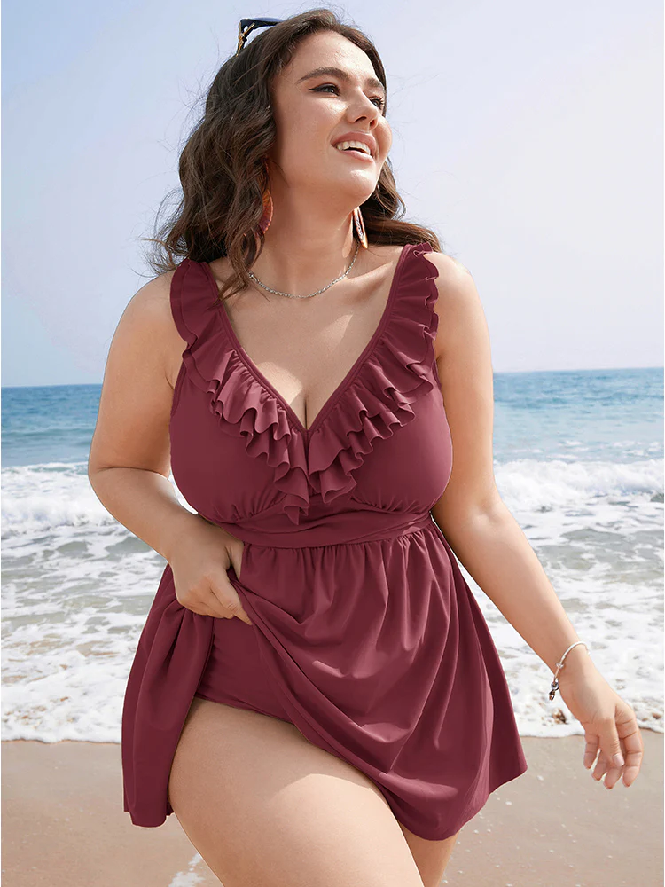 Ruffle Trim Adjustable Straps Gathered Sculpt Waist Swim Dress - Image 23
