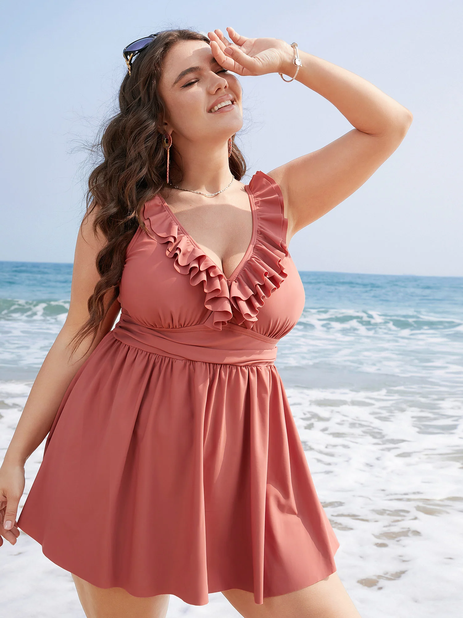 Ruffle Trim Adjustable Straps Gathered Sculpt Waist Swim Dress - Image 3