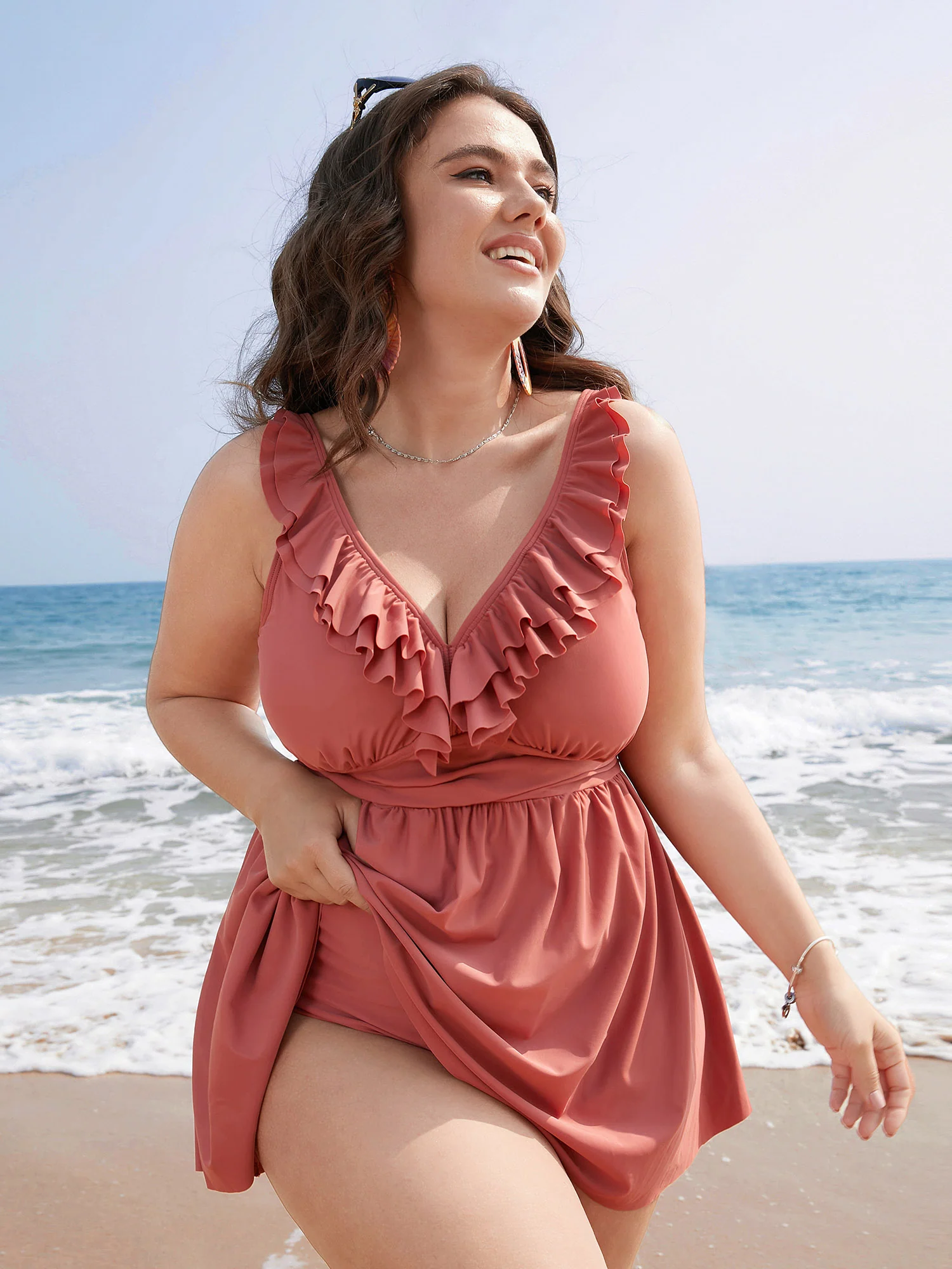 Ruffle Trim Adjustable Straps Gathered Sculpt Waist Swim Dress - Image 4