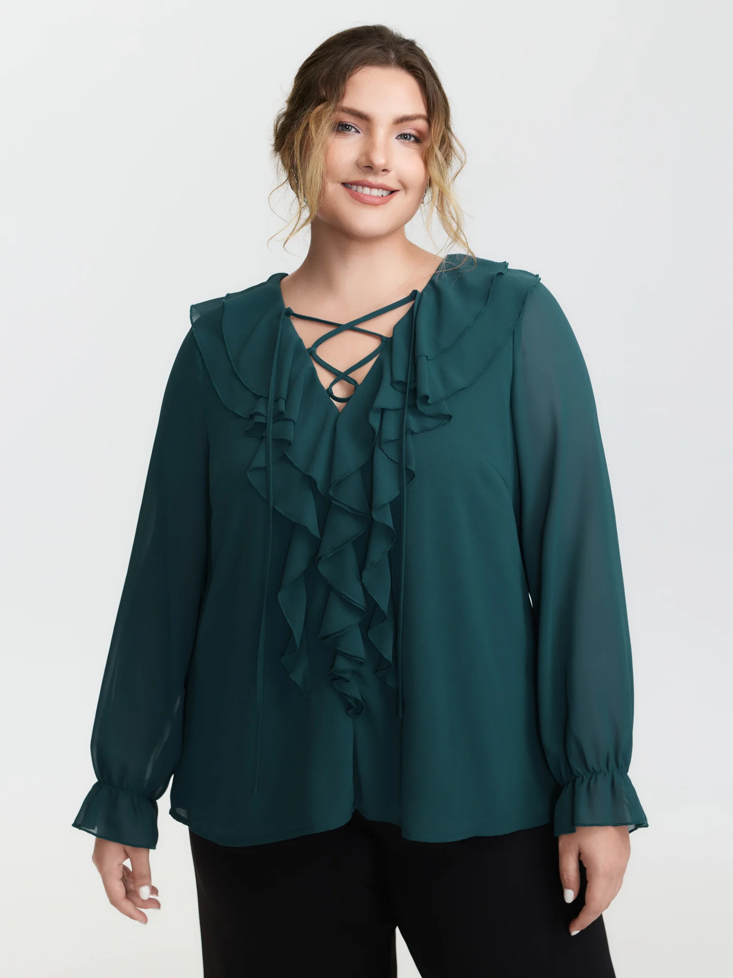 Ruffle Trim Cross-Tie Blouse - Image 2