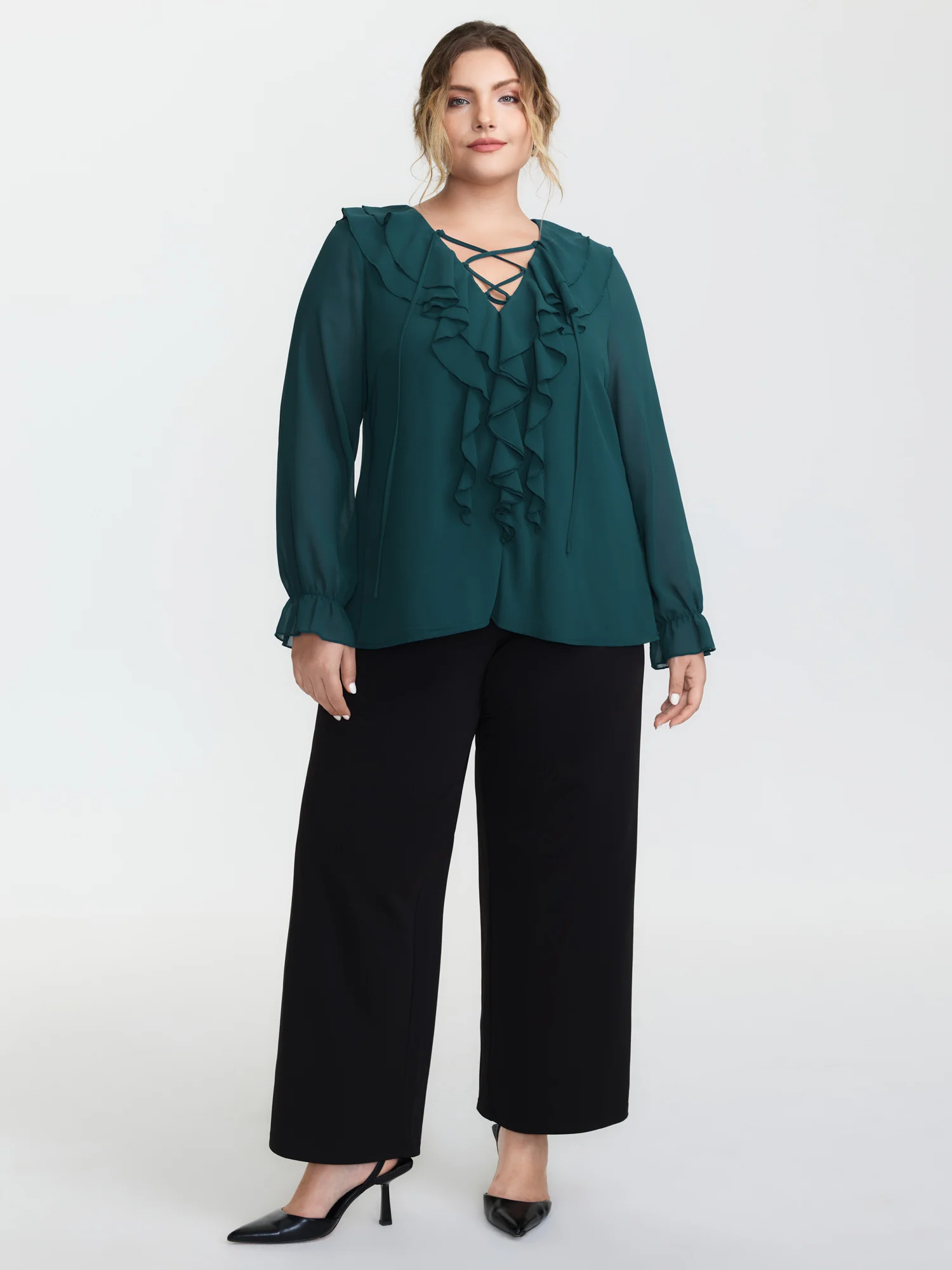 Ruffle Trim Cross-Tie Blouse - Image 3