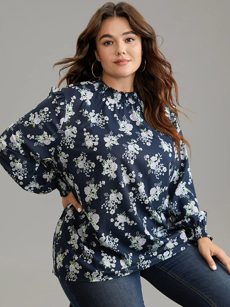 Ruffle Trim Floral Print Shirred Blouse - Image 2