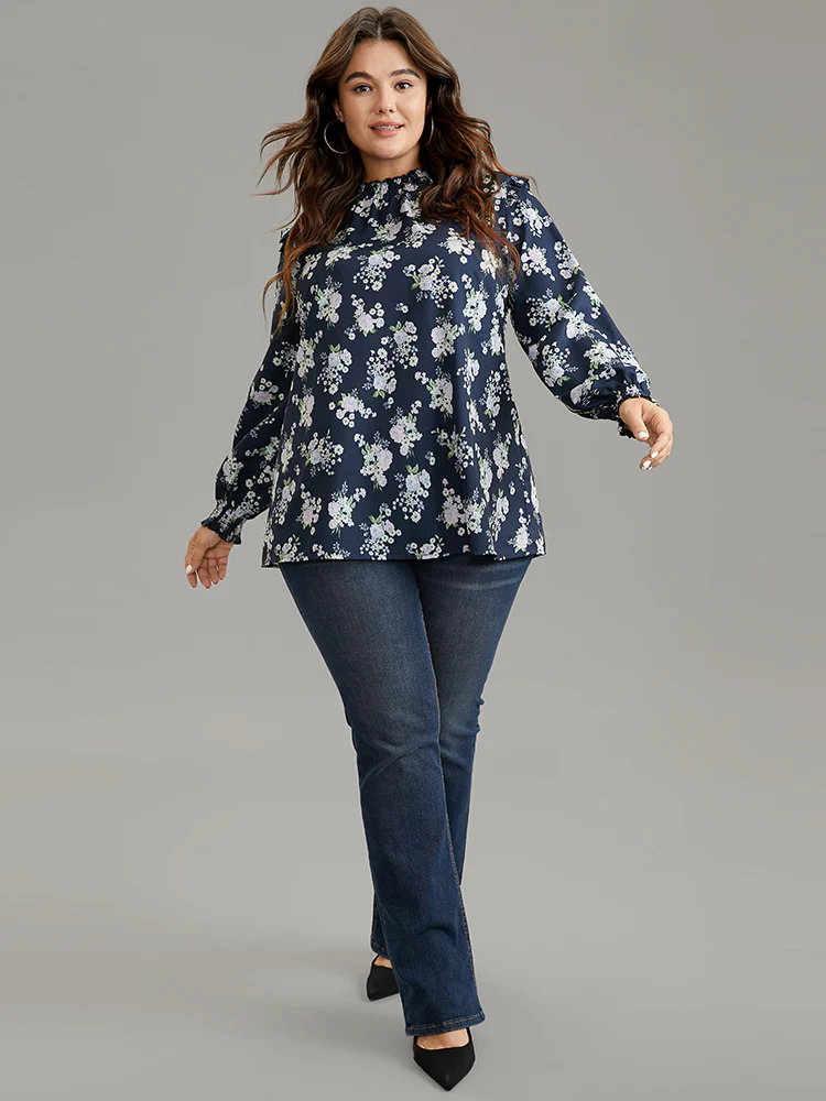 Ruffle Trim Floral Print Shirred Blouse - Image 3
