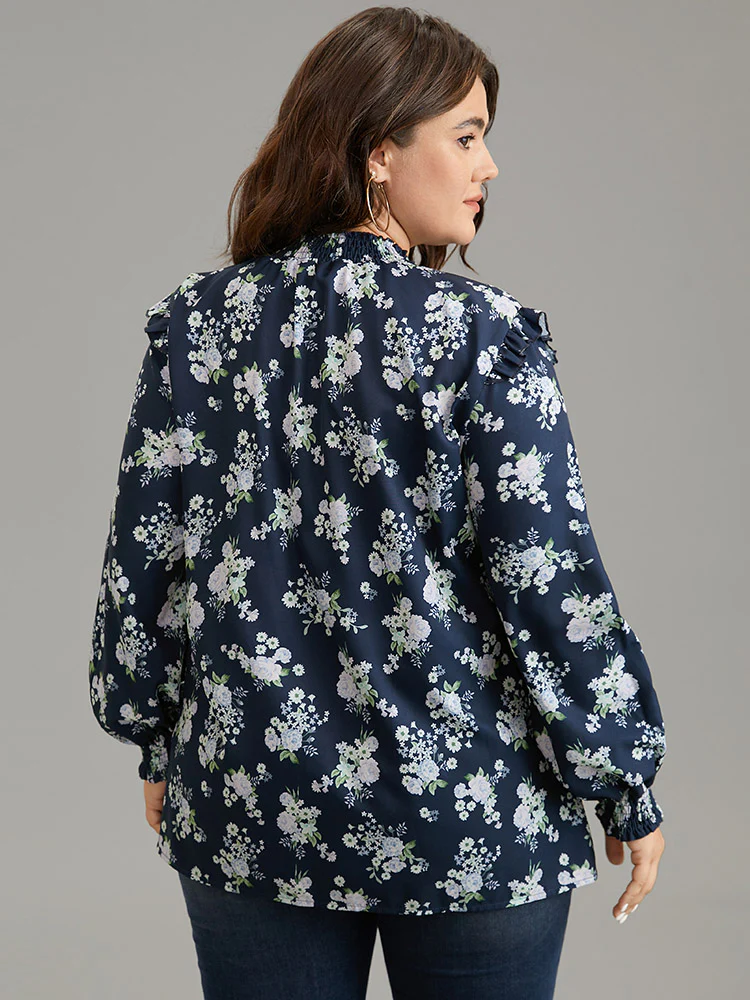 Ruffle Trim Floral Print Shirred Blouse - Image 4
