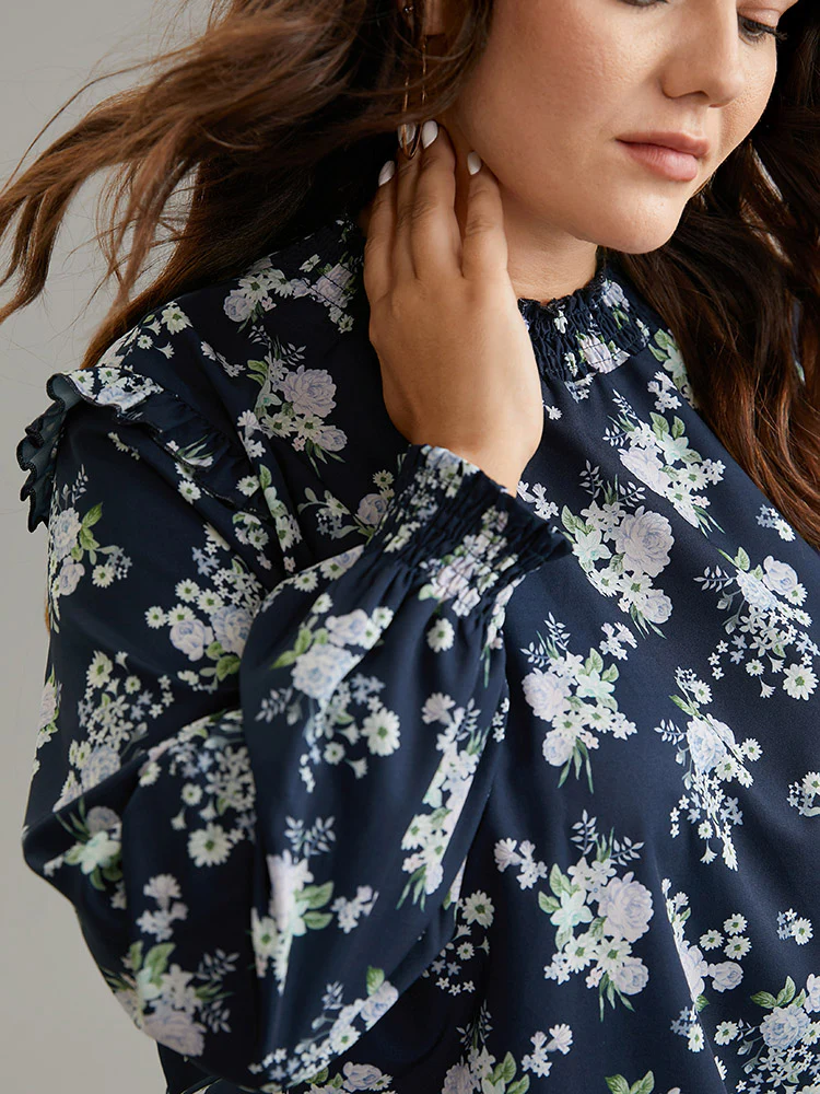 Ruffle Trim Floral Print Shirred Blouse - Image 5