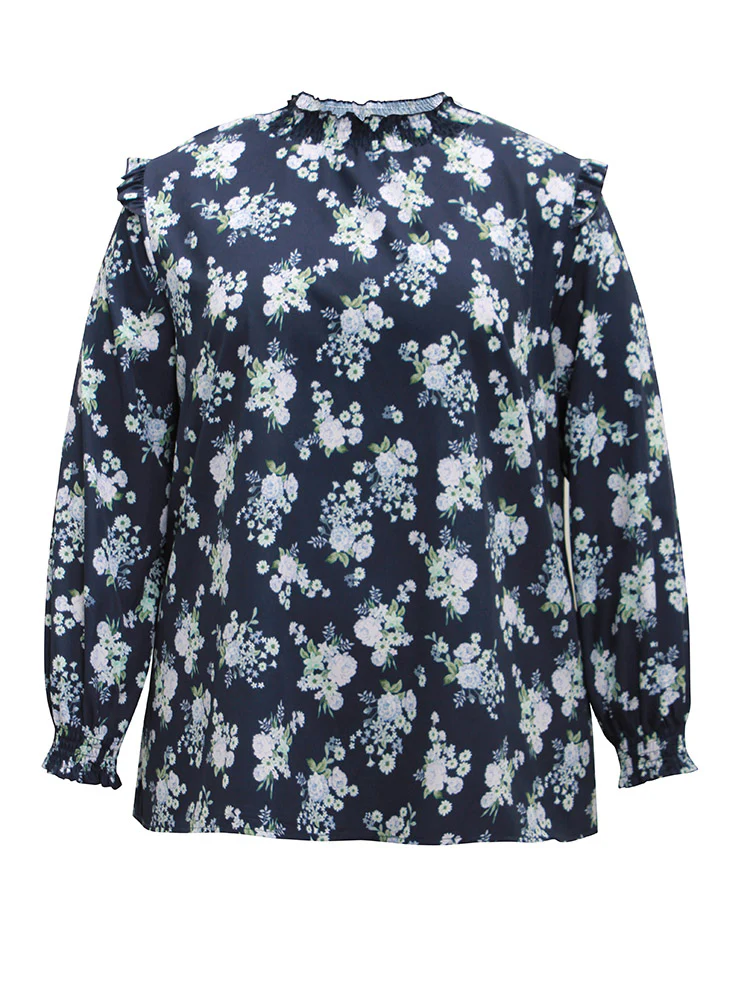 Ruffle Trim Floral Print Shirred Blouse - Image 6