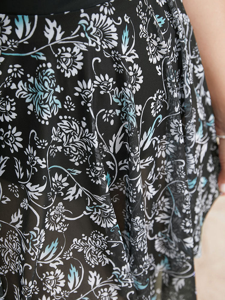 Ruffle Trim Hanky Hem Floral Contrast Swim Dress - Image 10