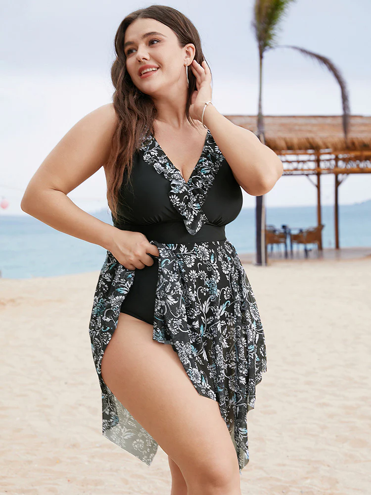 Ruffle Trim Hanky Hem Floral Contrast Swim Dress - Image 4
