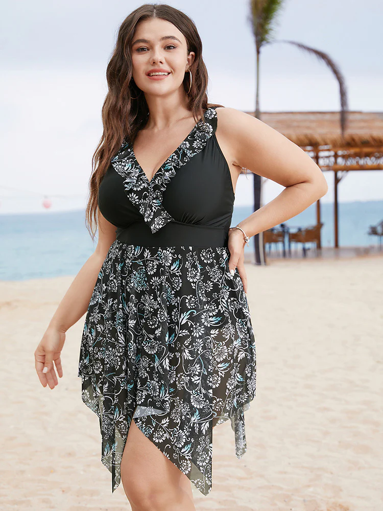 Ruffle Trim Hanky Hem Floral Contrast Swim Dress - Image 7