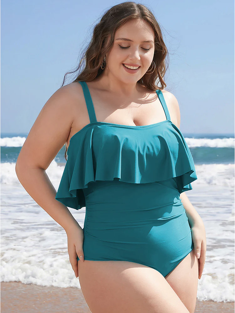 Ruffle Trim Sculpt Waist Ruched Front One Piece Swimsuit - Image 4