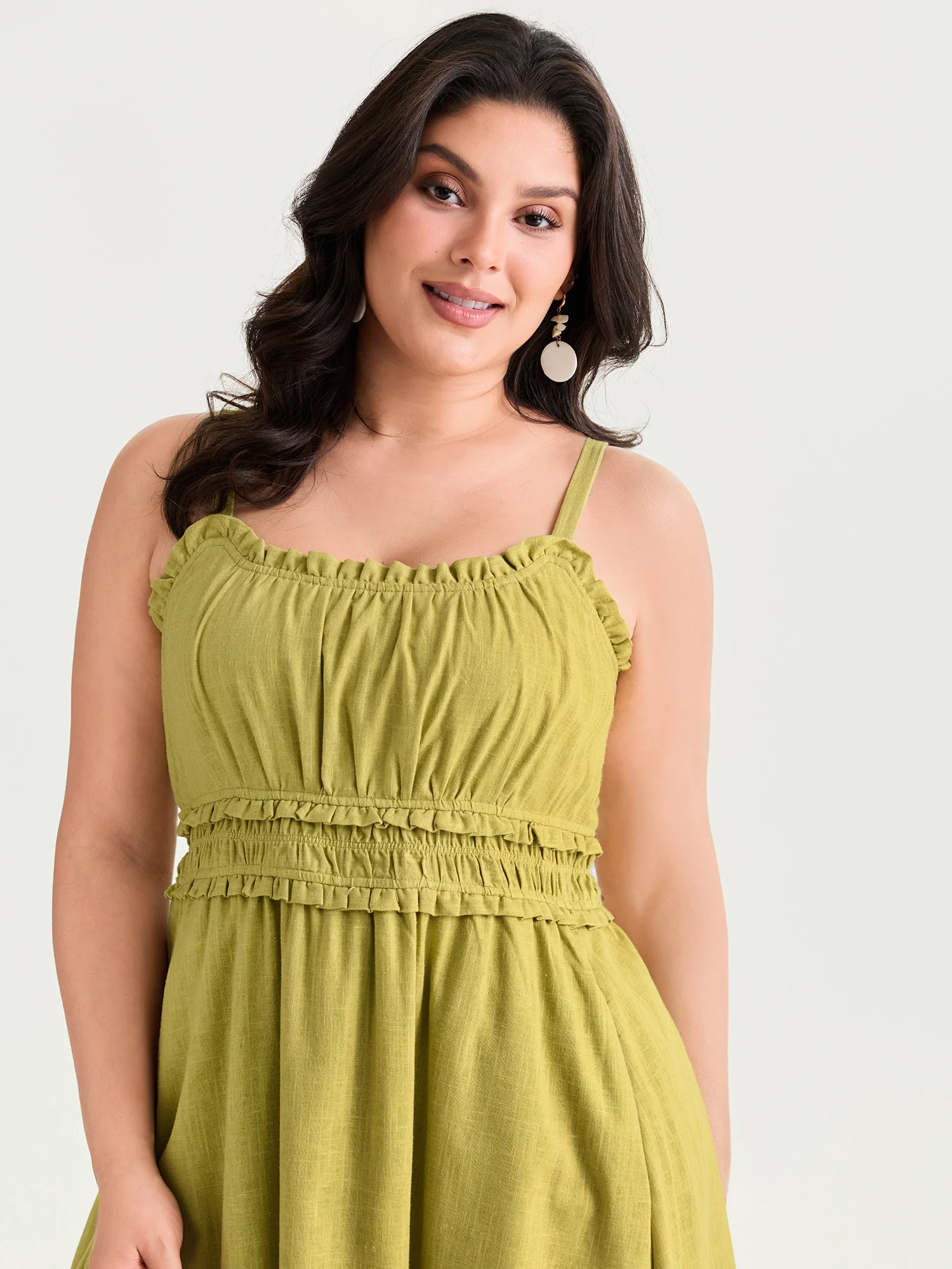 Cotton Linen Ruffle Trim Shirred Waist Cami Maxi Dress - Image 2