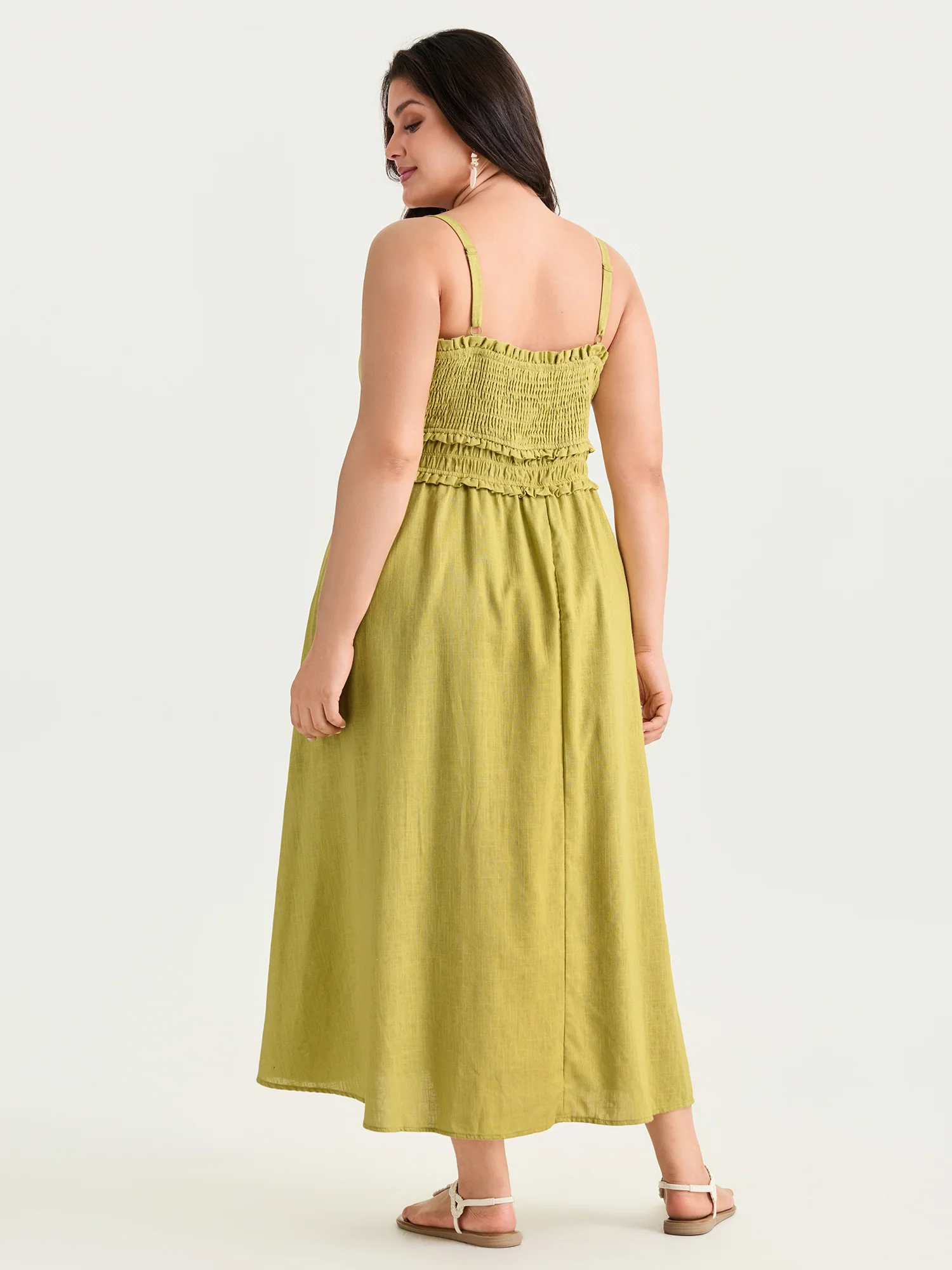Cotton Linen Ruffle Trim Shirred Waist Cami Maxi Dress - Image 3