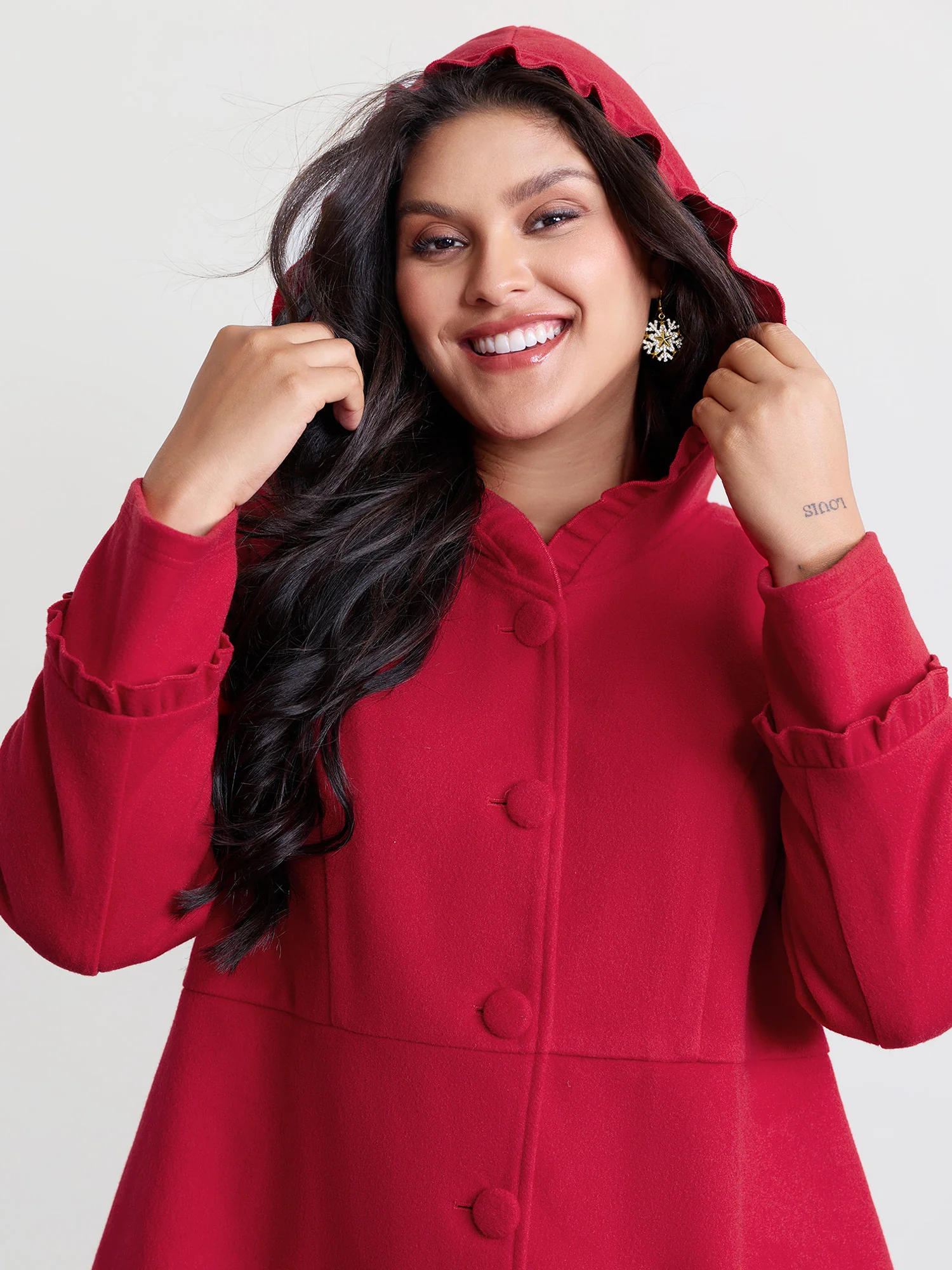 Ruffle Trim Waist-Defining Pockets Coat - Image 2