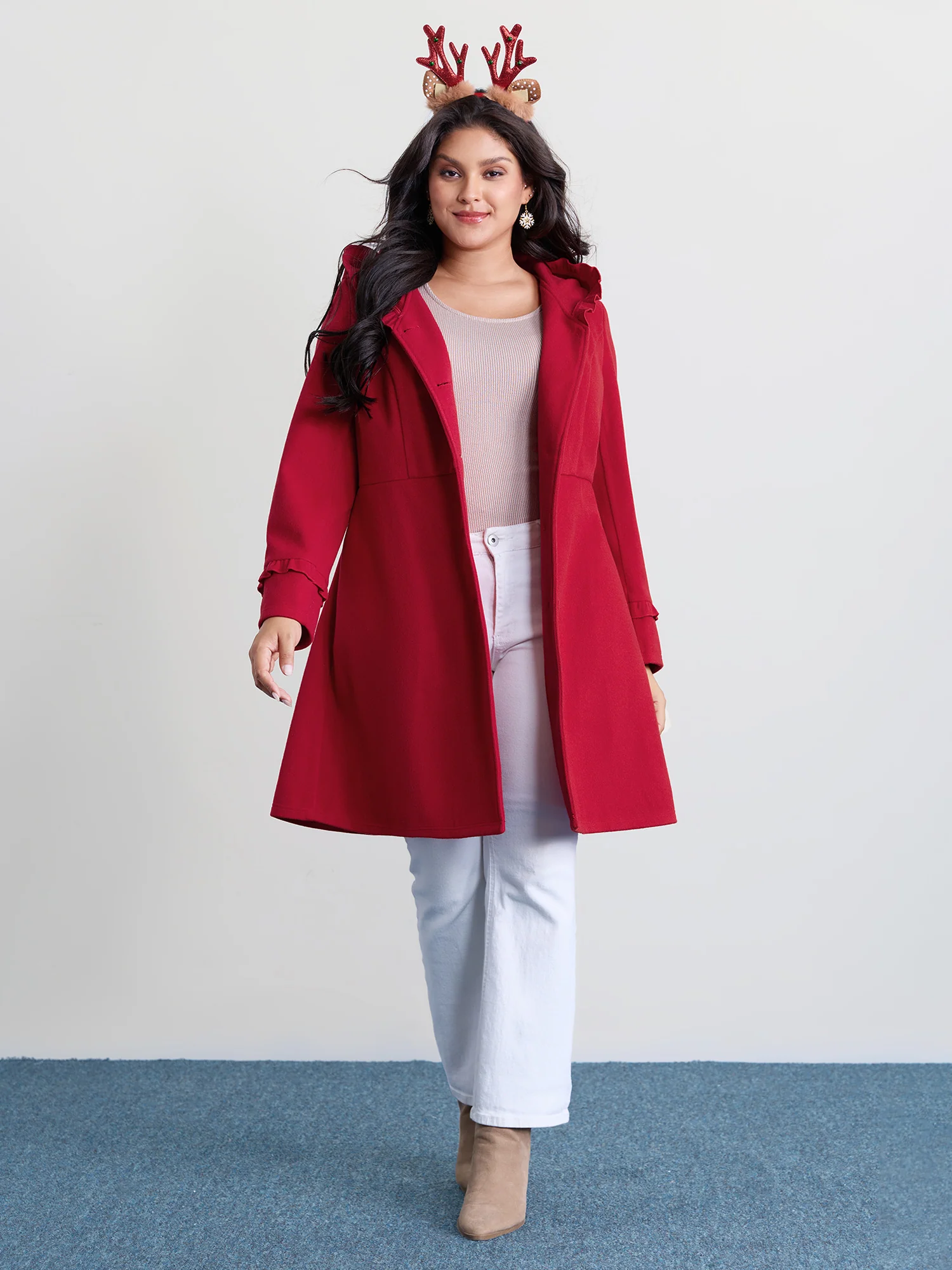 Ruffle Trim Waist-Defining Pockets Coat - Image 3