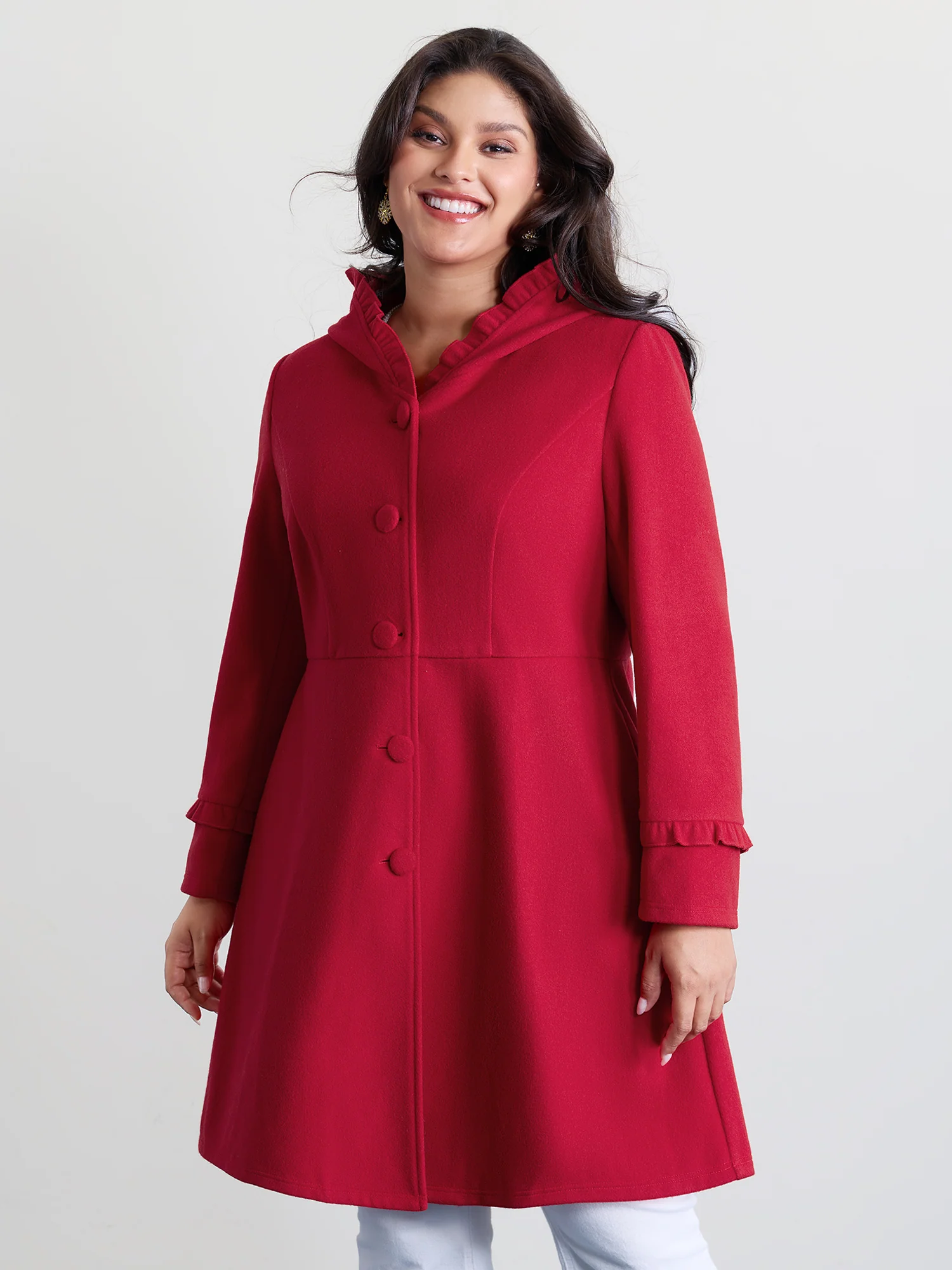Ruffle Trim Waist-Defining Pockets Coat - Image 4