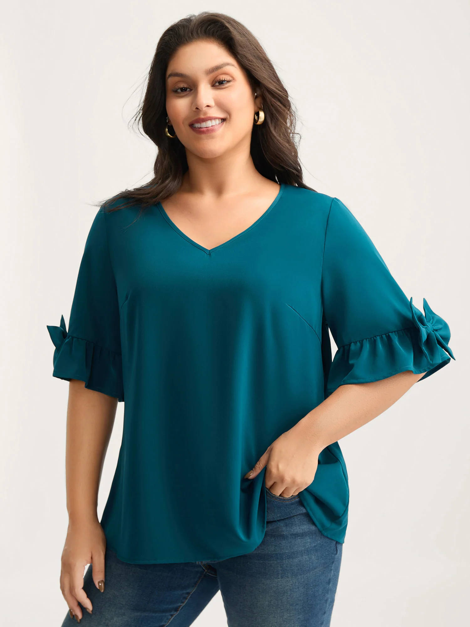 Ruffled 3D Bow Detail Solid Blouse - Image 2