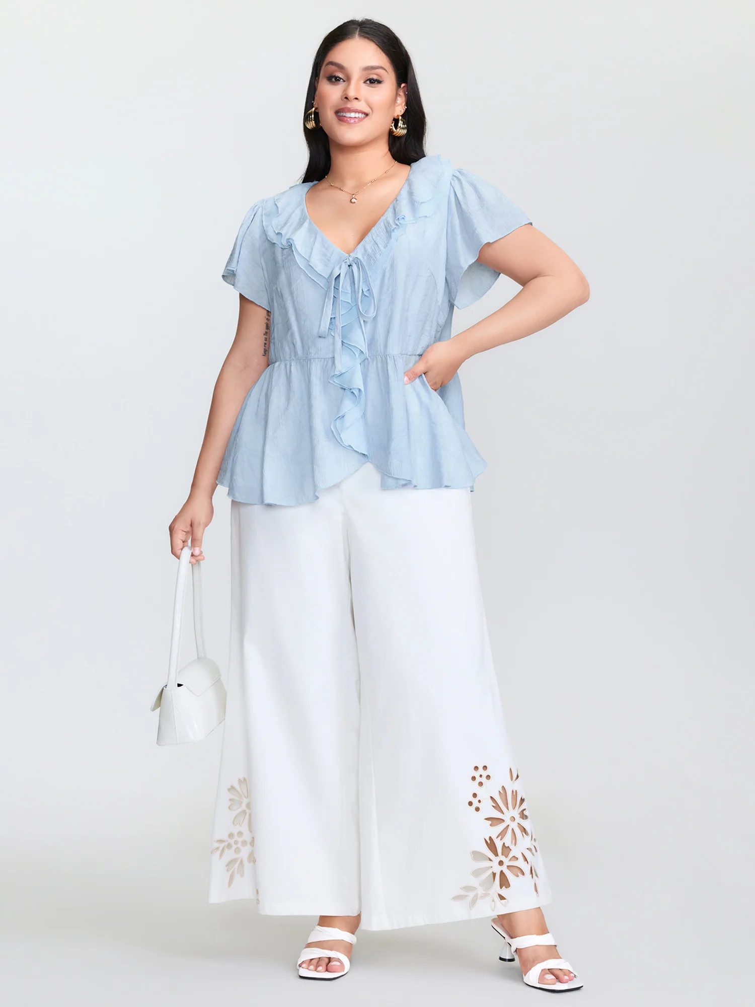 Ruffled Bow-Tie Neckline Textured Blouse - Image 3