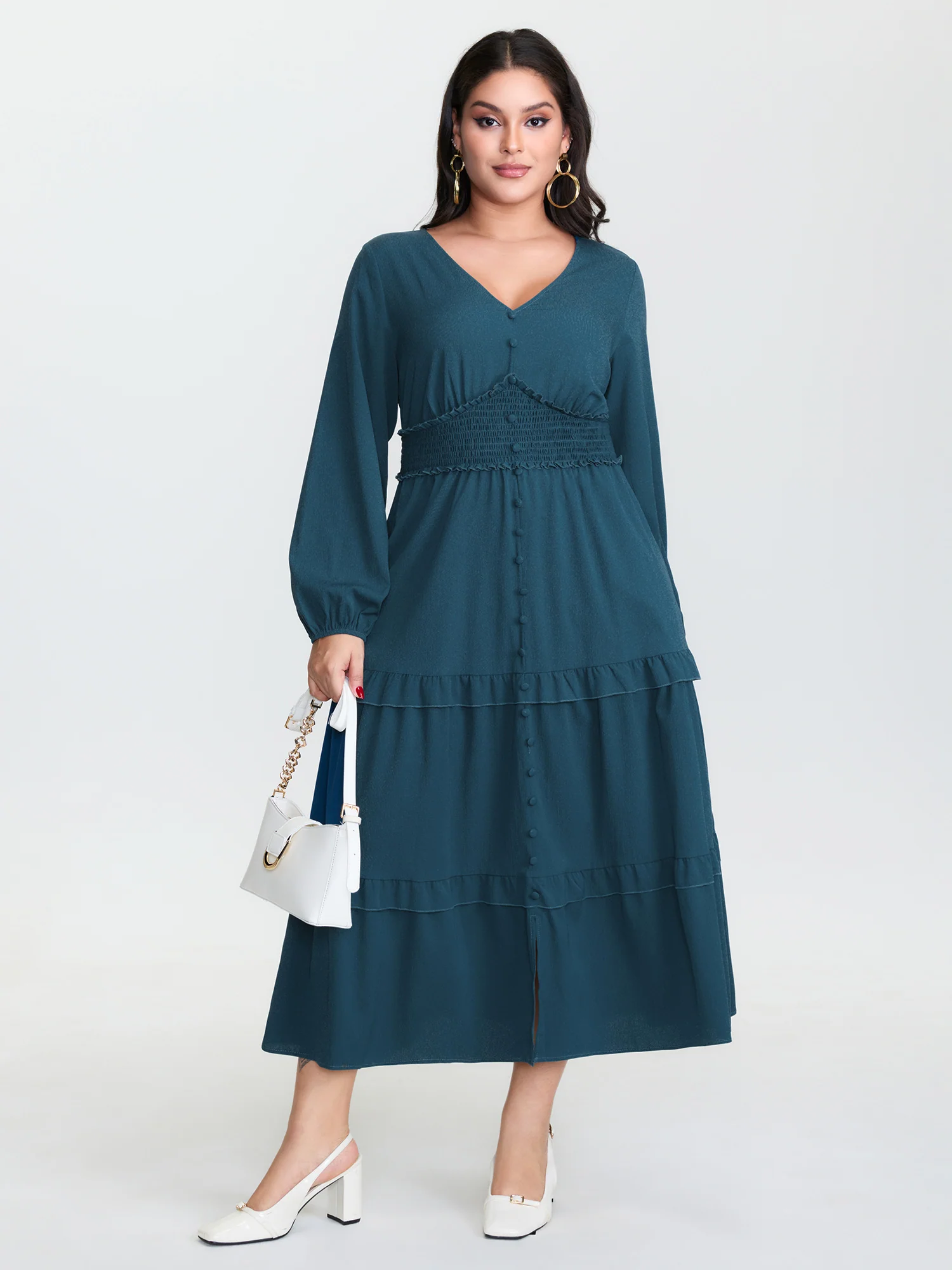 Ruffled Cinched-Waist Button Maxi Dress - Image 2