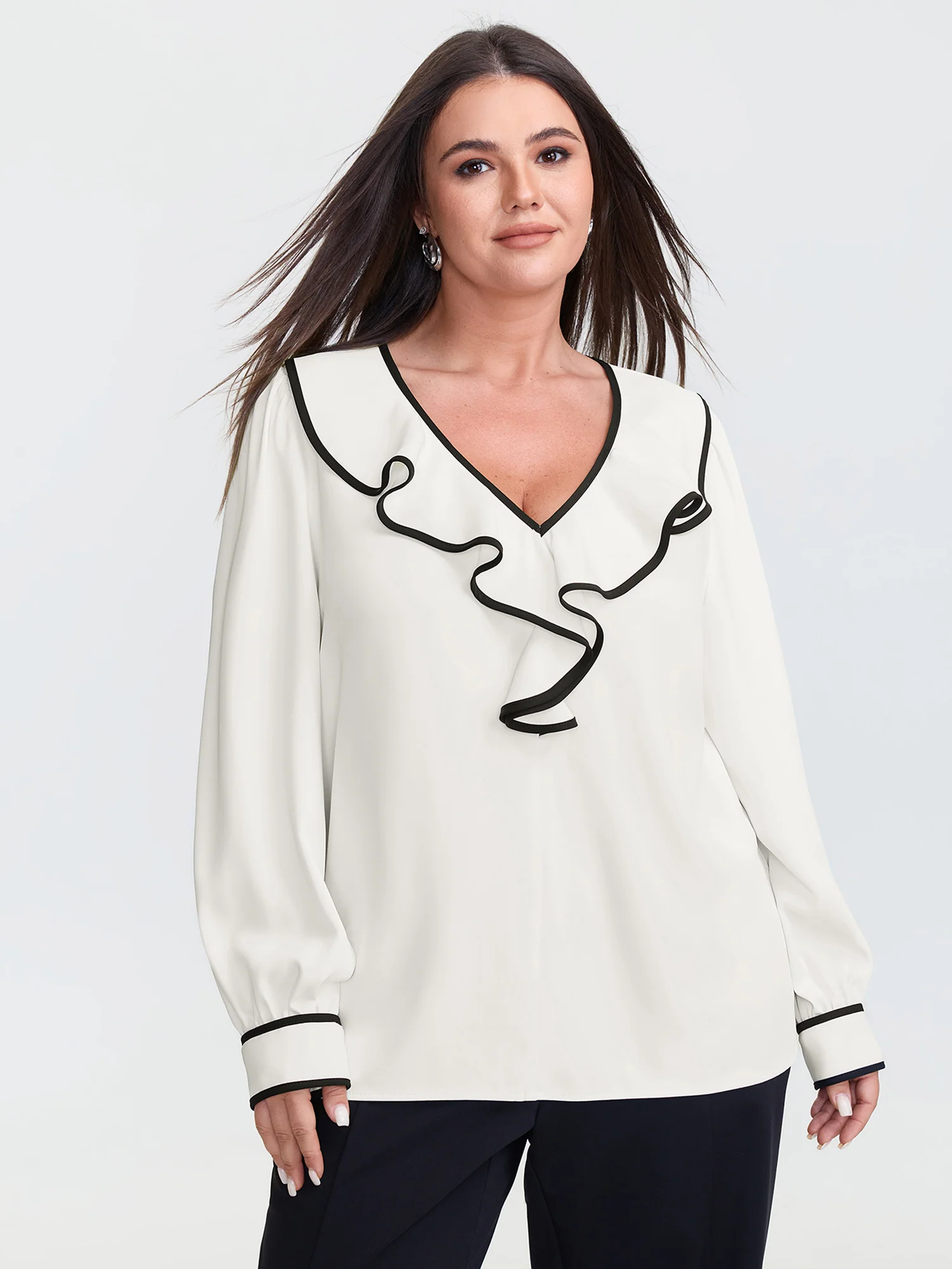 Ruffled Collar Color Contrast Blouse
