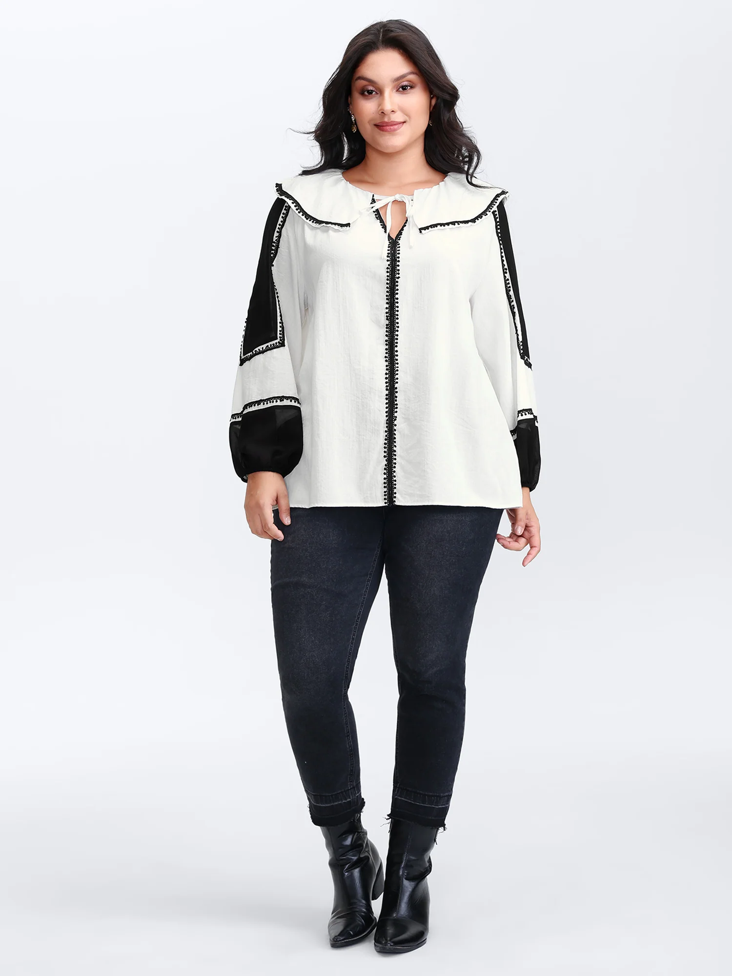 Ruffled Collar Contrast Webbing Top - Image 3