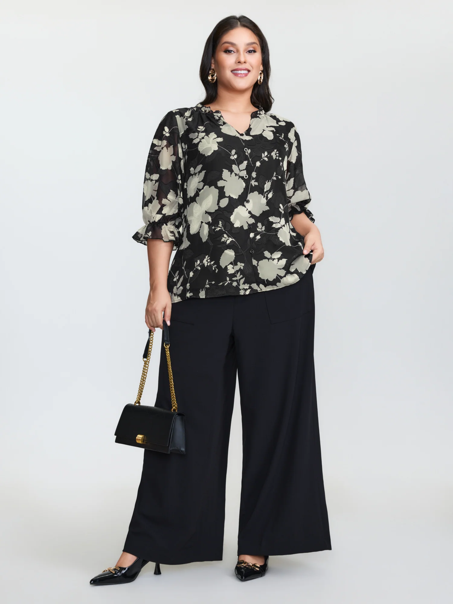 Ruffled Collar Floral Print Blouse - Image 3