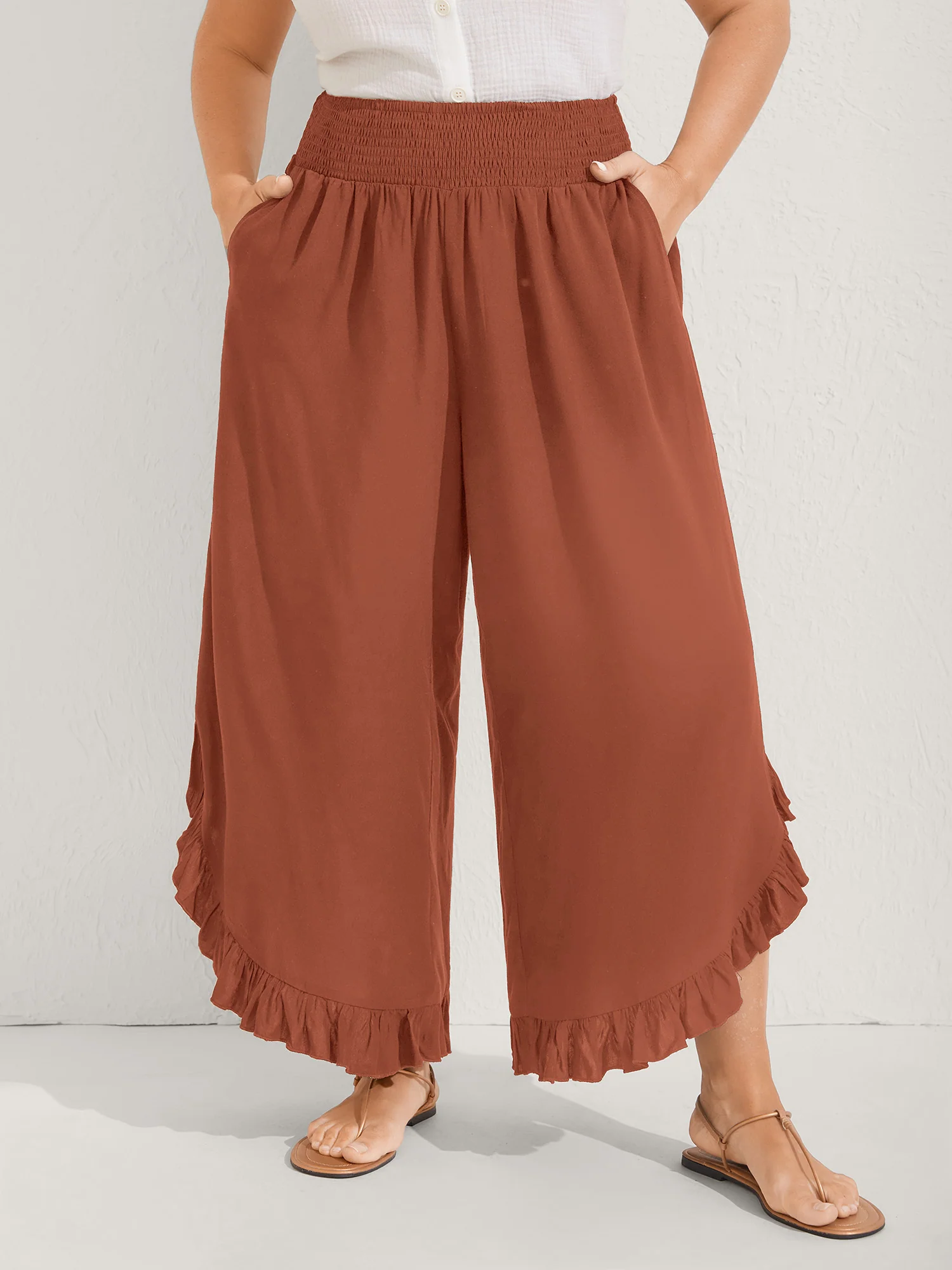 Ruffled Curvy Hem Wide-Leg Pants - Image 44