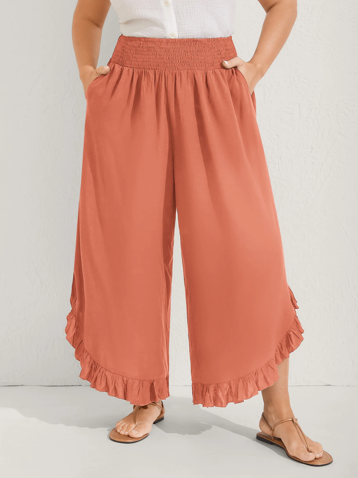 Ruffled Curvy Hem Wide-Leg Pants - Image 55