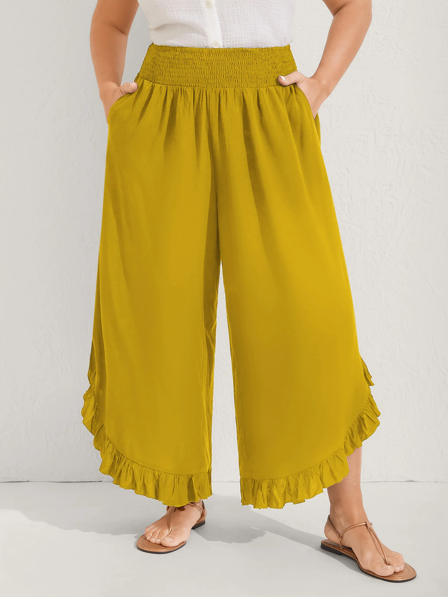 Ruffled Curvy Hem Wide-Leg Pants - Image 60
