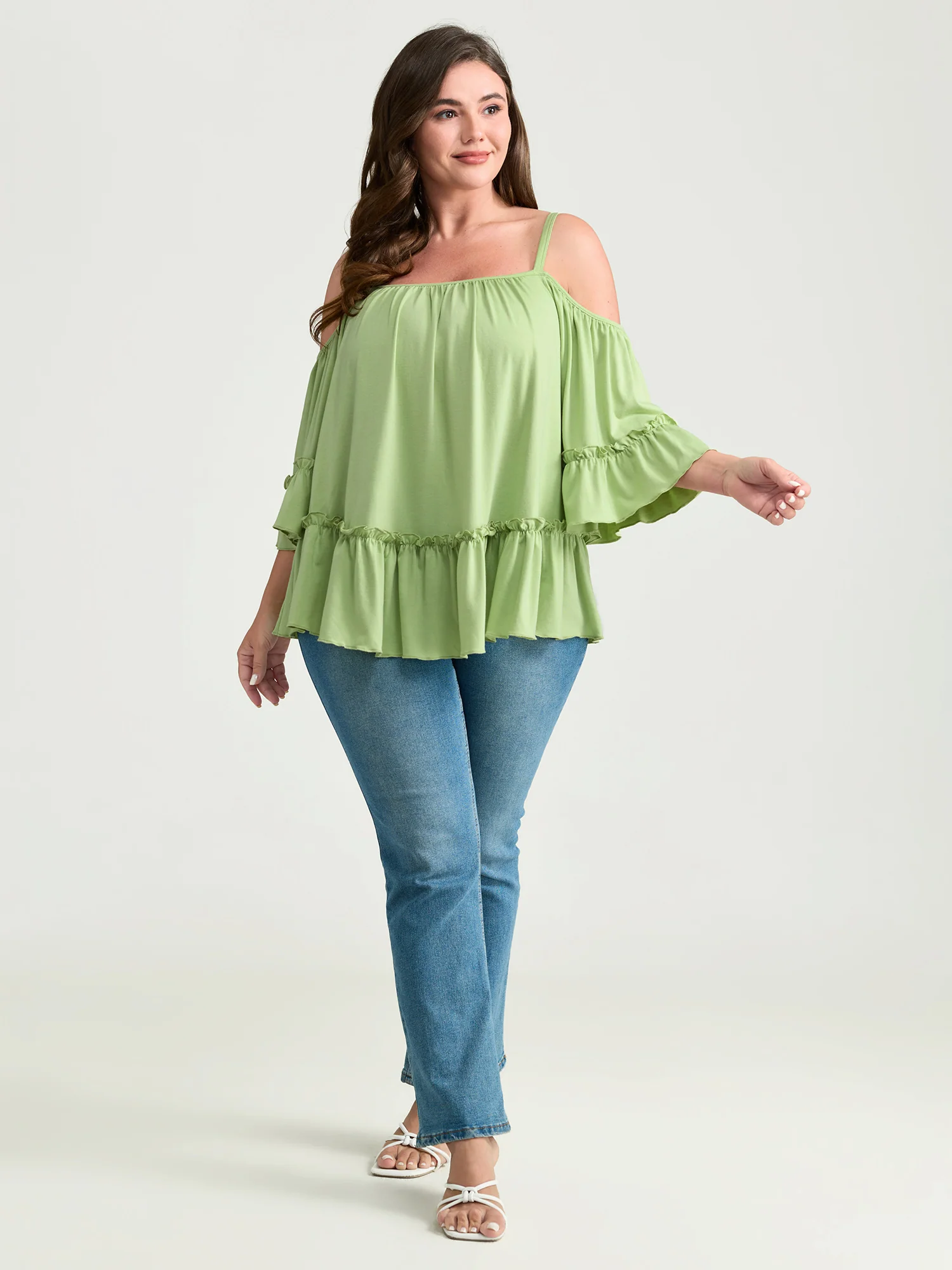 Ruffled Cut-Out Shoulder Flared Sleeve Top - Image 3