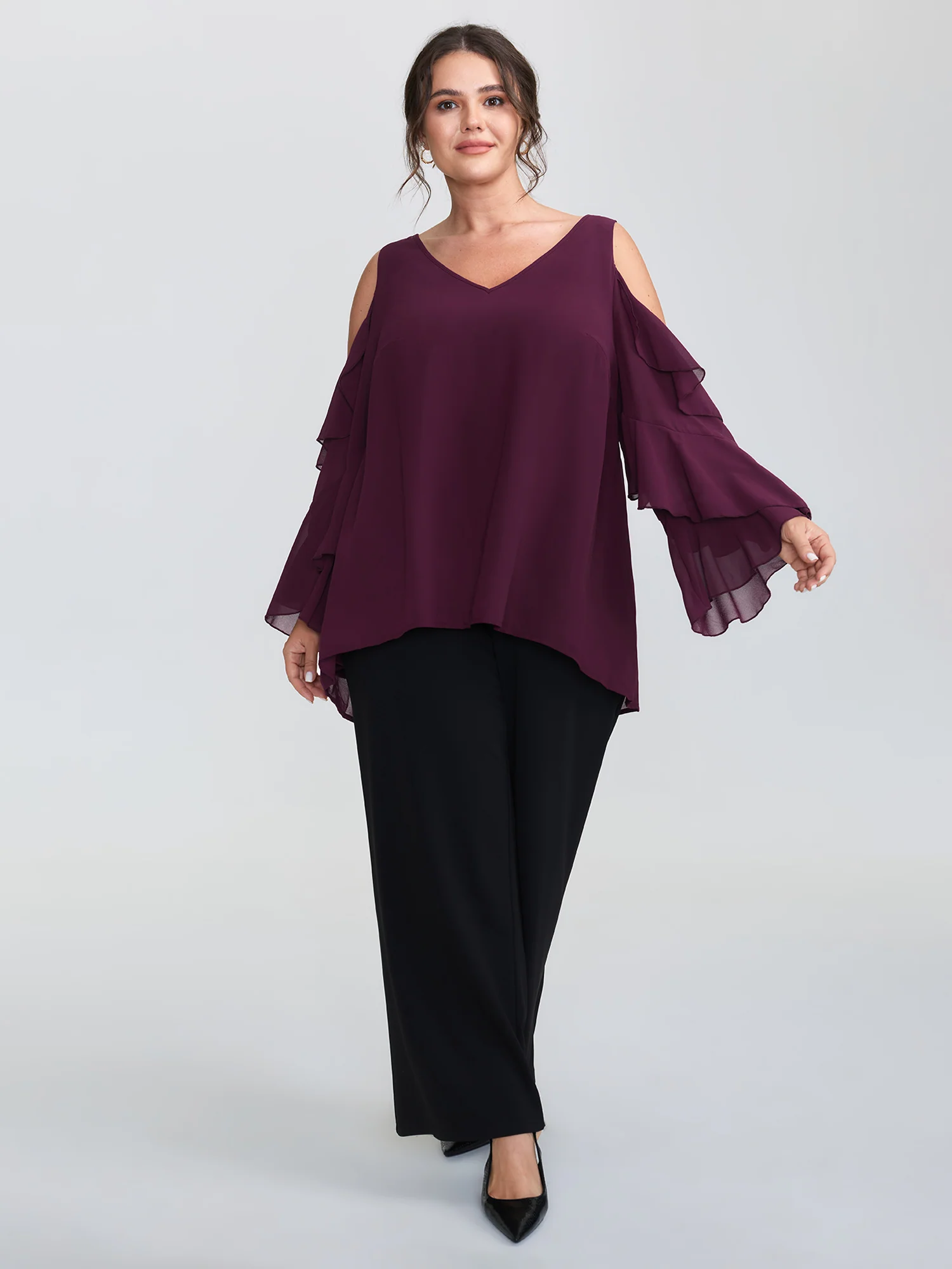 Ruffled Cut-Out Shoulder Flowy Blouse - Image 3