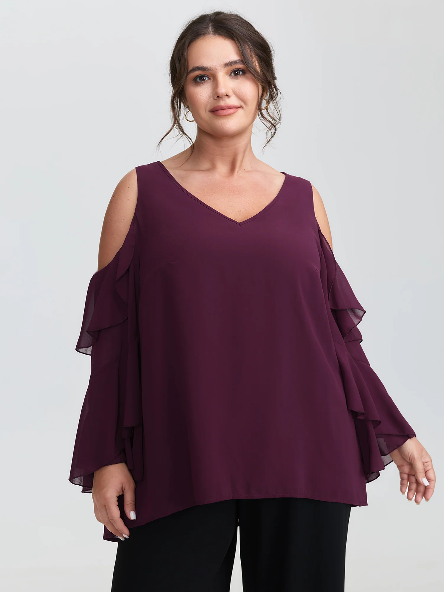 Ruffled Cut-Out Shoulder Flowy Blouse - Image 4