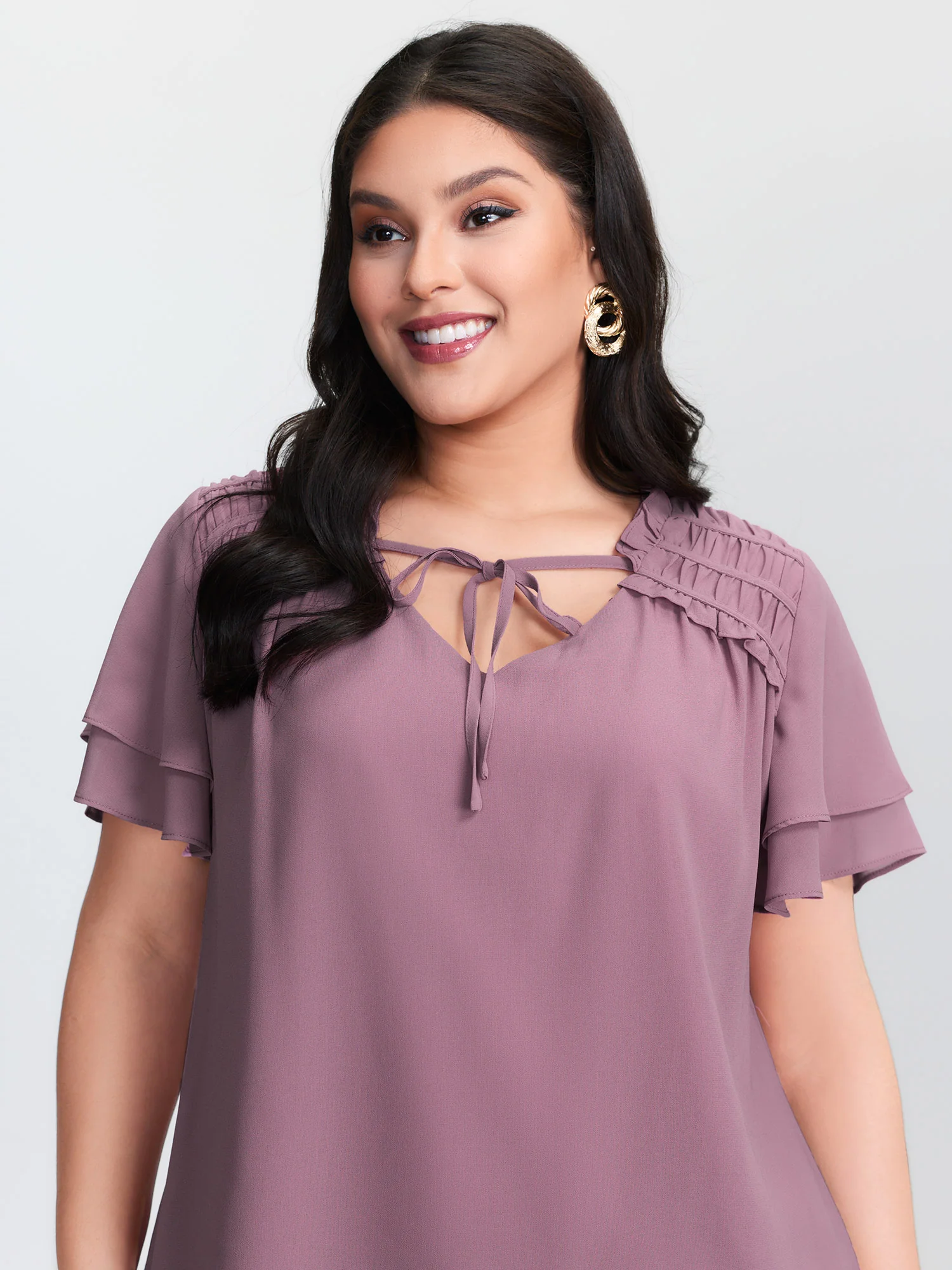 Ruffled Detail Neck Tie Layered Sleeve Blouse - Image 2