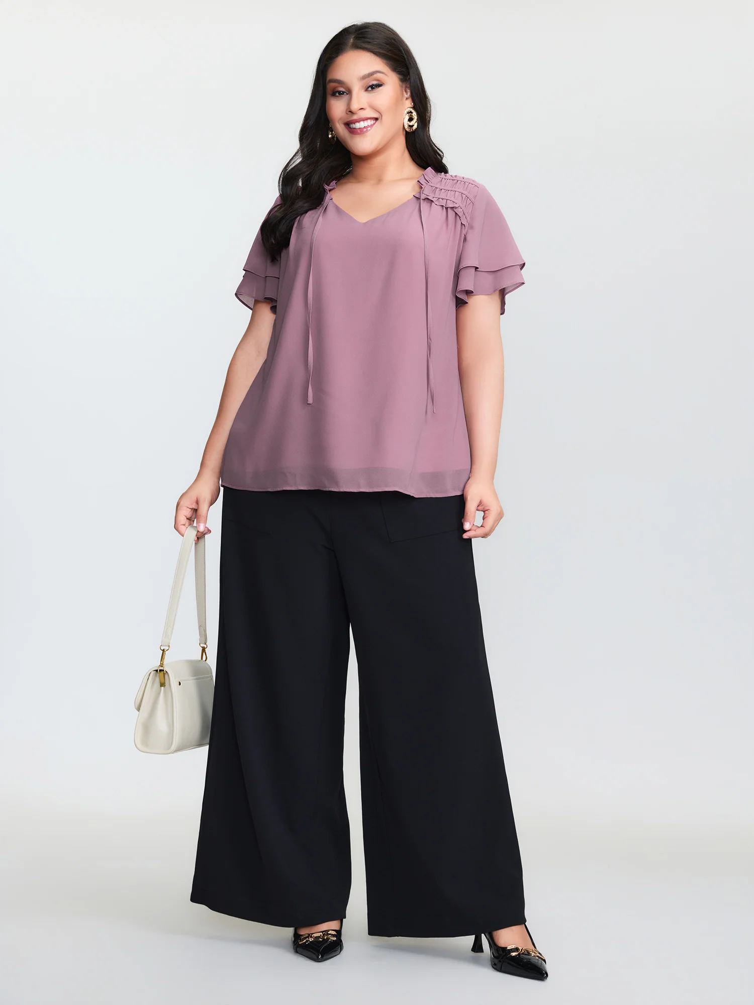 Ruffled Detail Neck Tie Layered Sleeve Blouse - Image 3