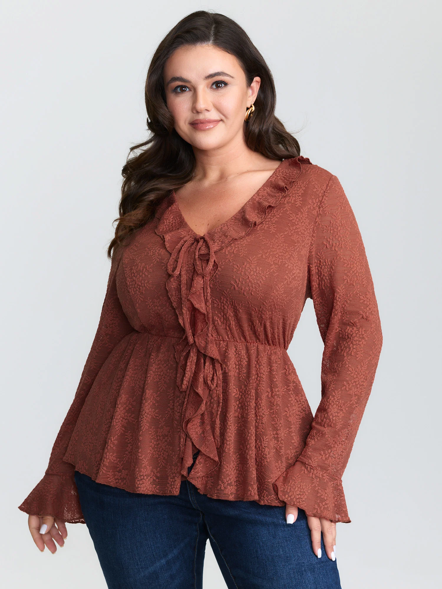 Ruffled Edge Lace Trim Tie Blouse
