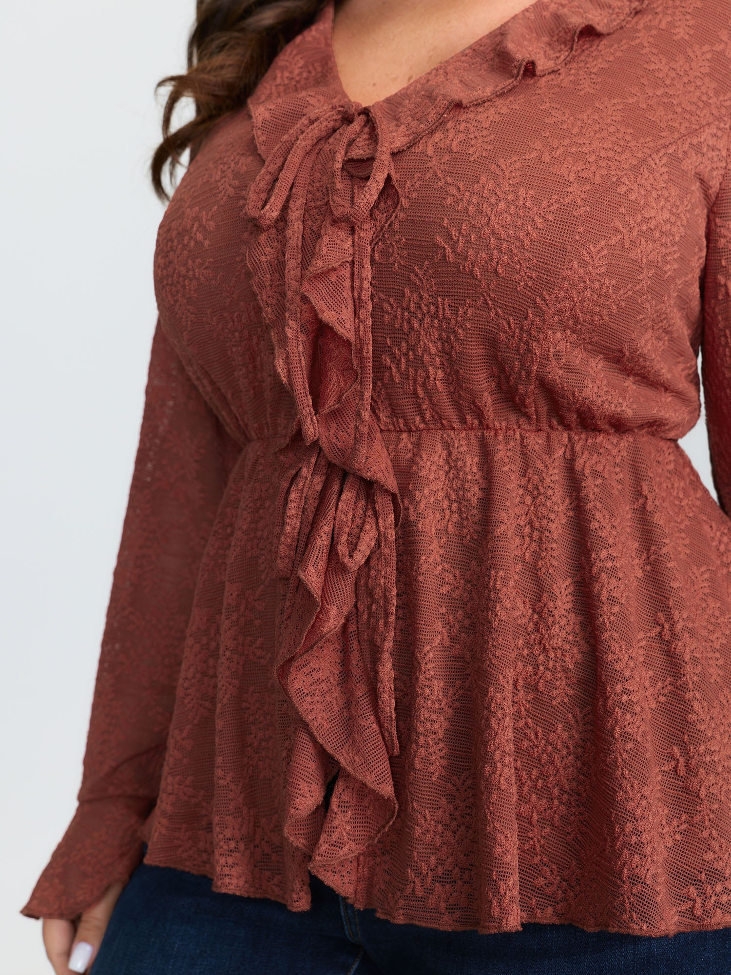 Ruffled Edge Lace Trim Tie Blouse - Image 2