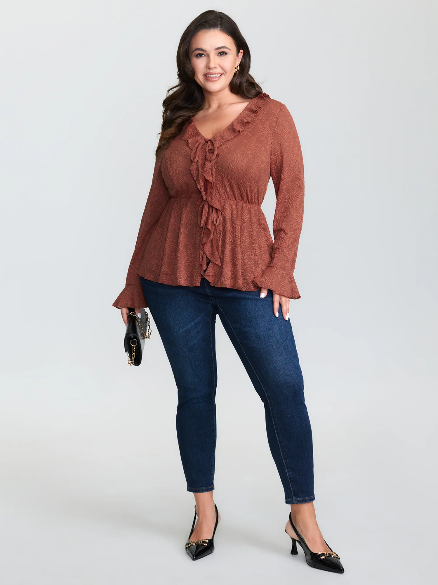 Ruffled Edge Lace Trim Tie Blouse - Image 3