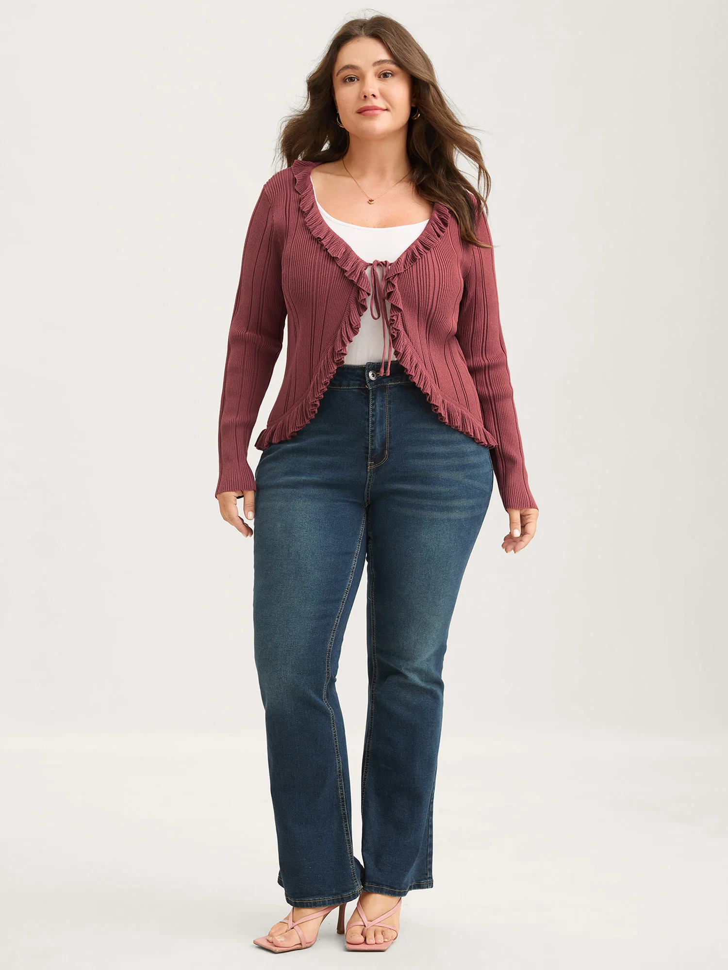 Ruffled Edged Front Tie Knit Cardigan - Image 3