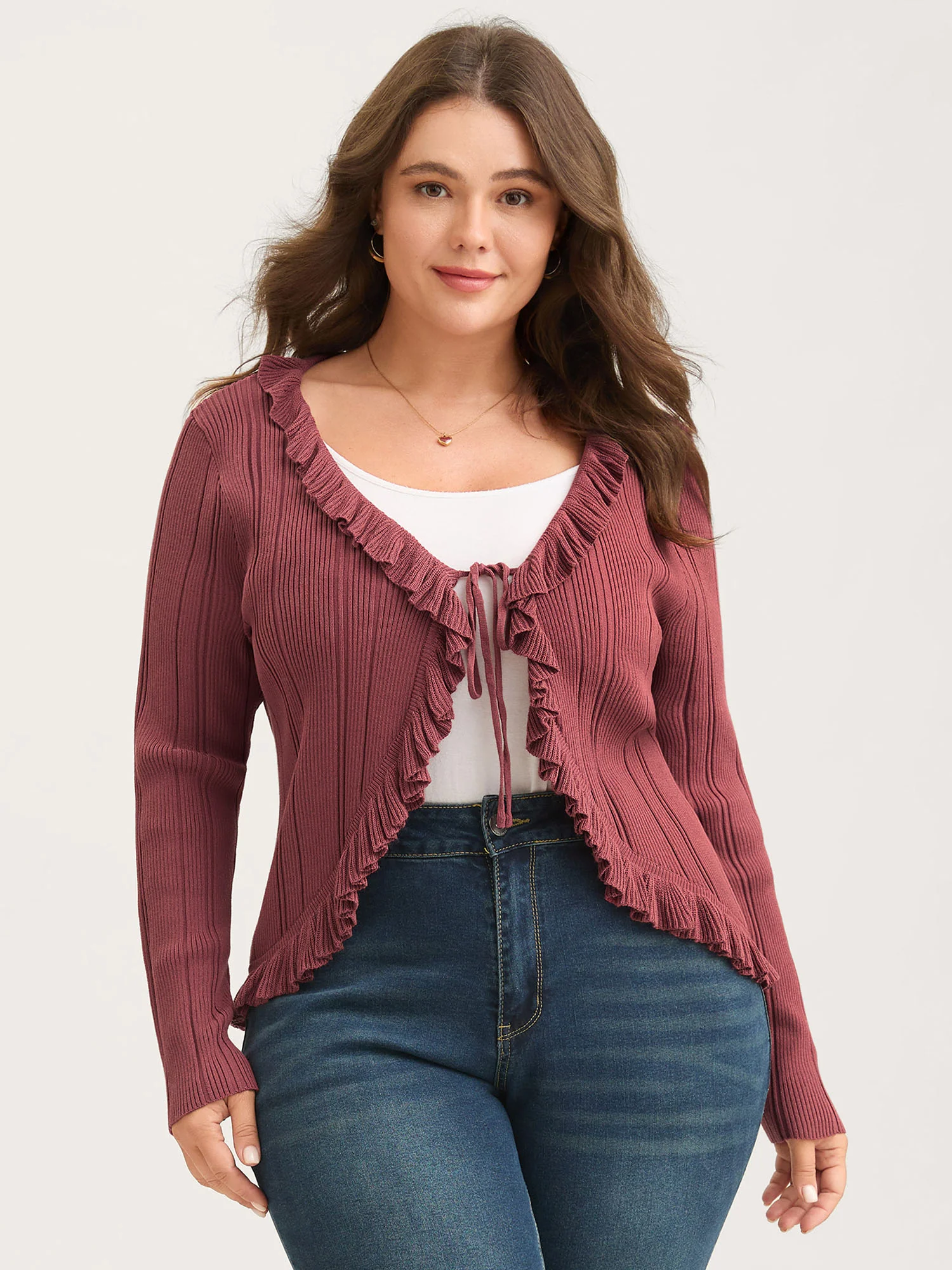 Ruffled Edged Front Tie Knit Cardigan - Image 4