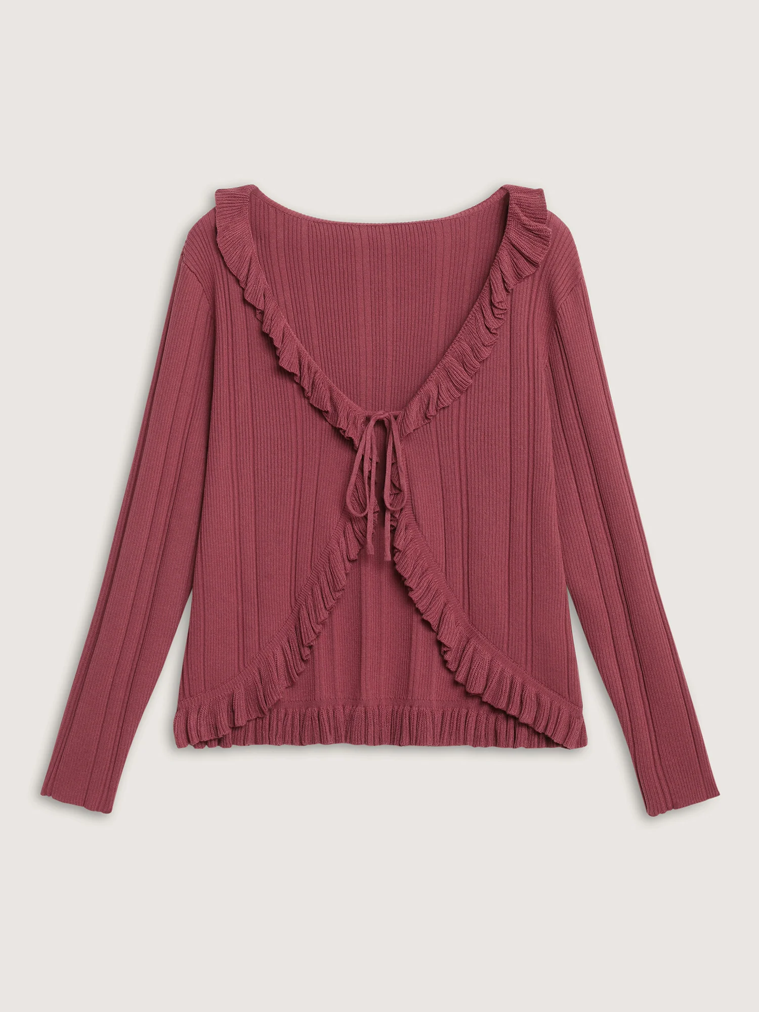 Ruffled Edged Front Tie Knit Cardigan - Image 8