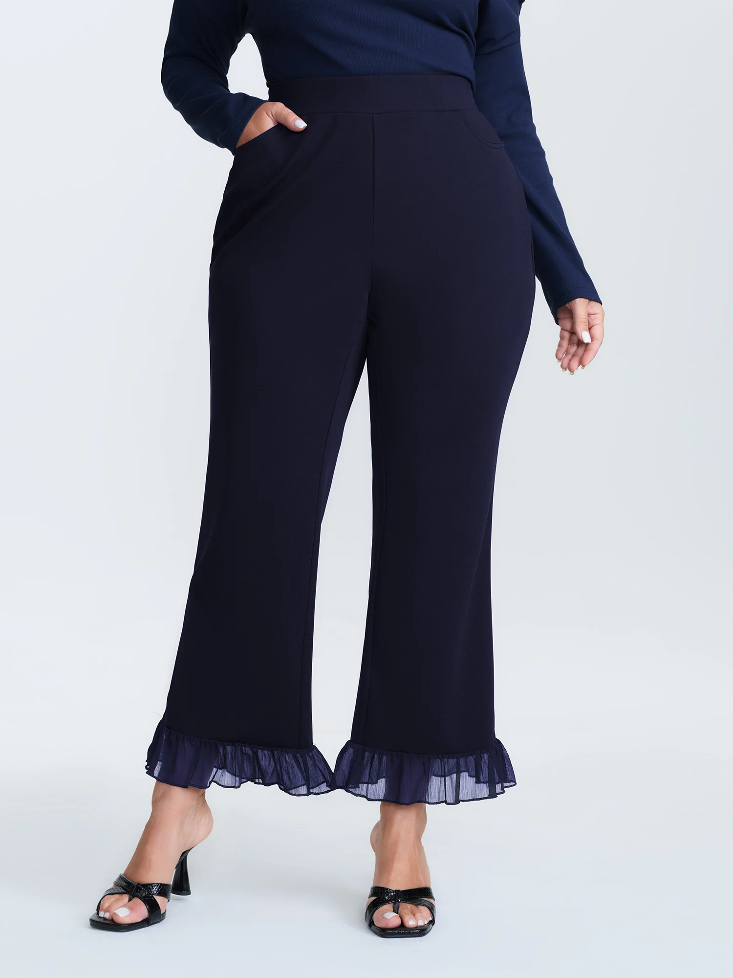 Ruffled Flared Hem Plain Pants - Image 10