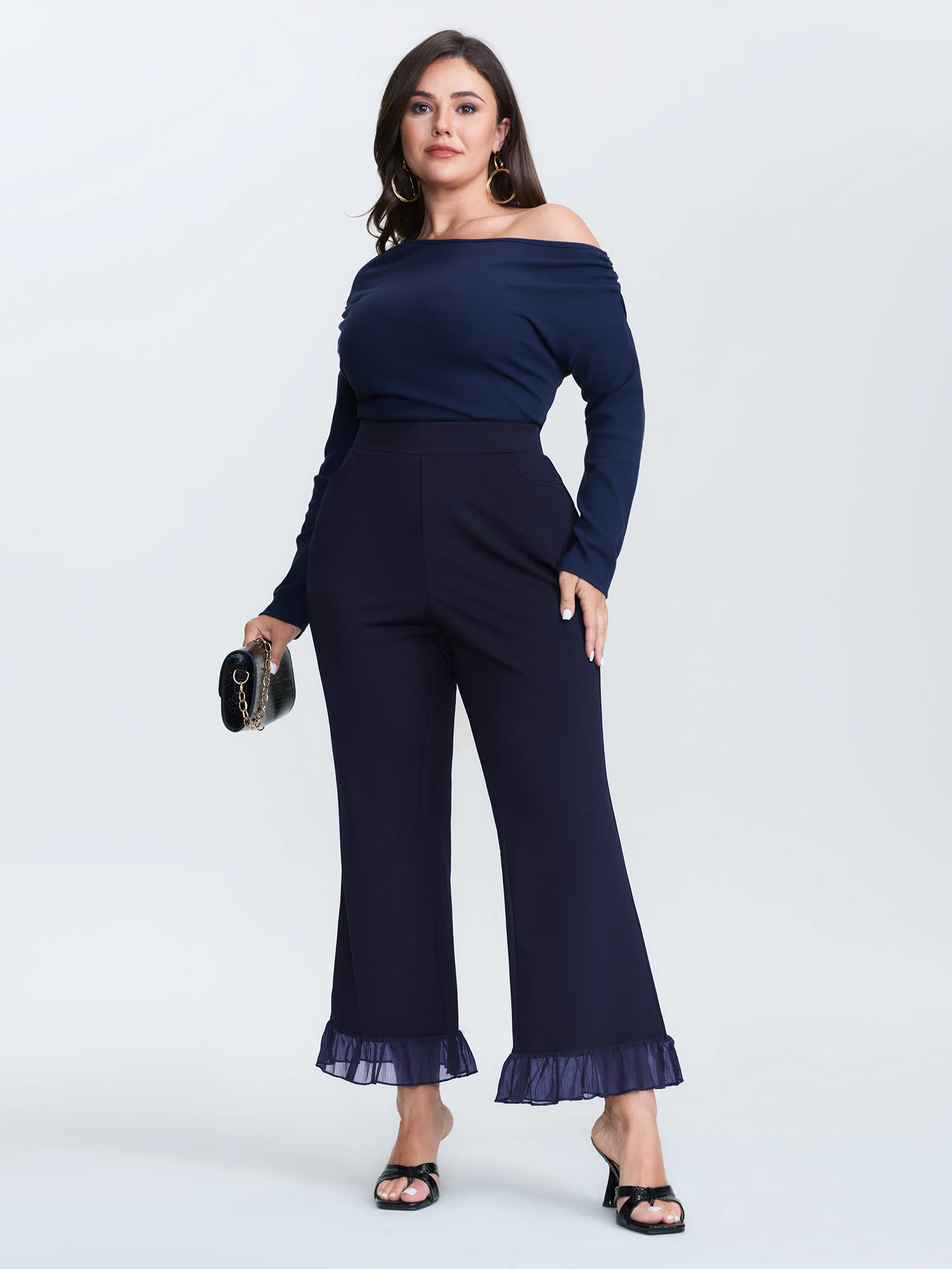 Ruffled Flared Hem Plain Pants - Image 11