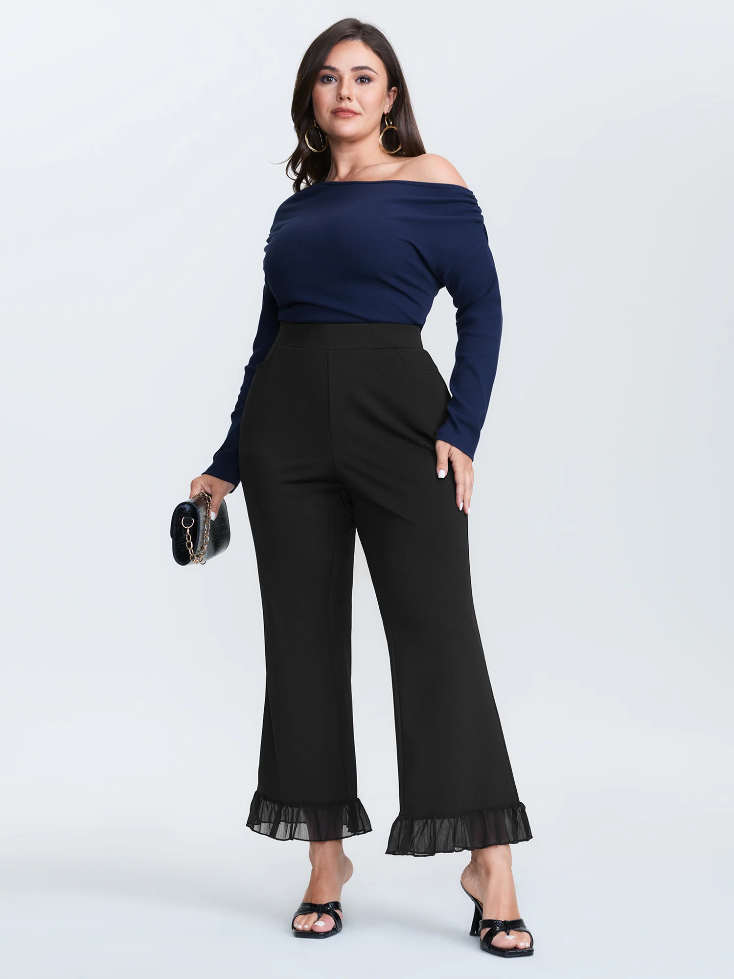 Ruffled Flared Hem Plain Pants - Image 2