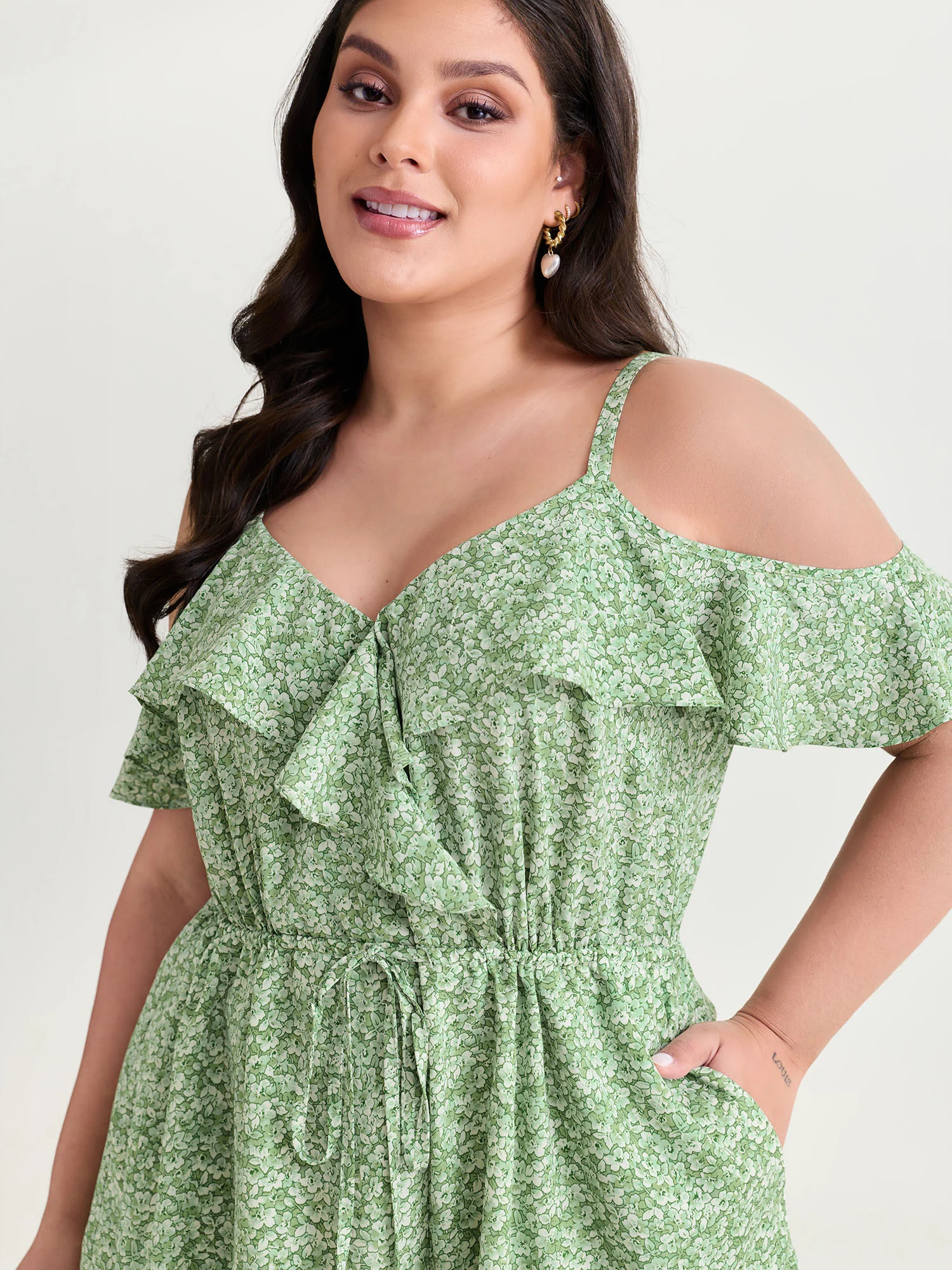 Ruffled Floral Print Drawstring Waist Romper - Image 2