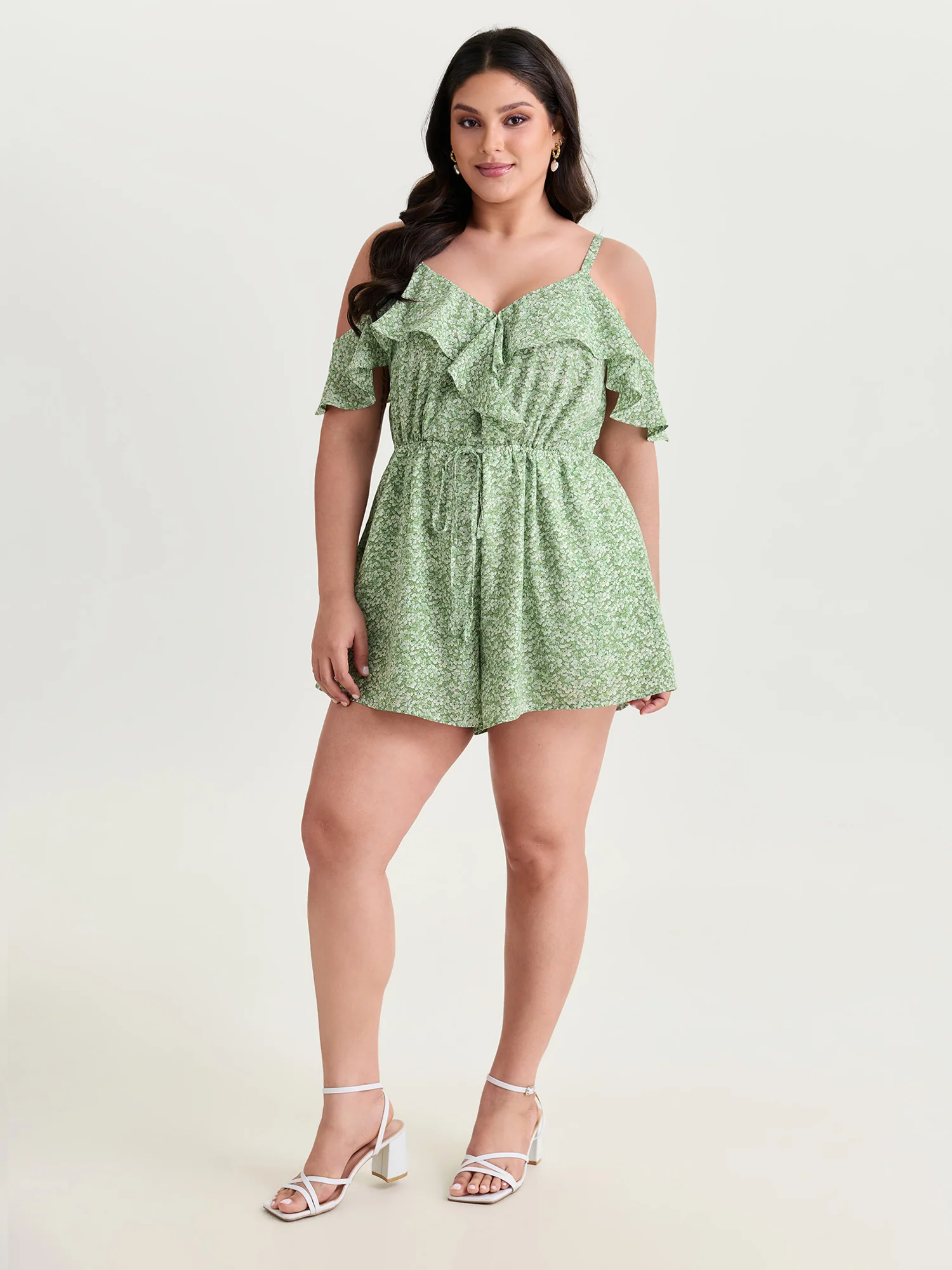 Ruffled Floral Print Drawstring Waist Romper - Image 3