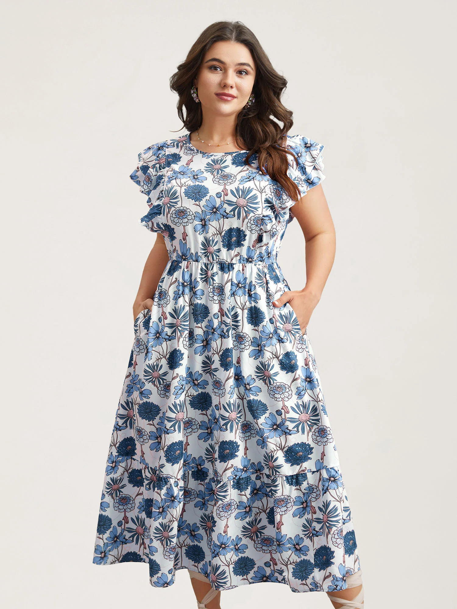 Ruffled Floral Print Stretchy-Waist Midi Dress - Image 10