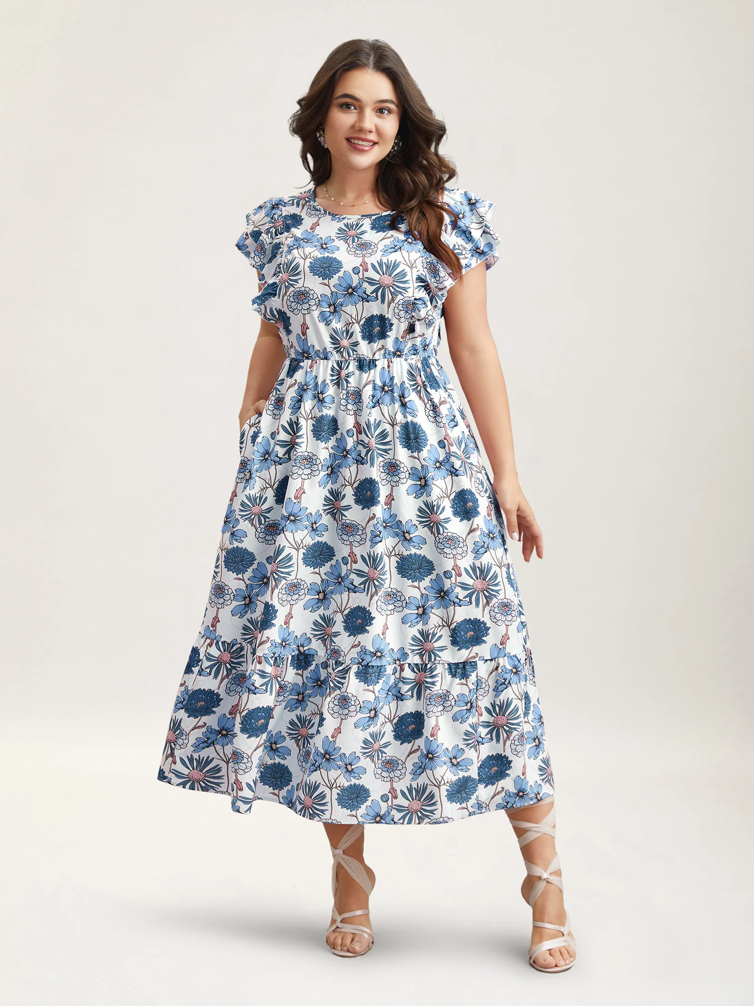 Ruffled Floral Print Stretchy-Waist Midi Dress - Image 11